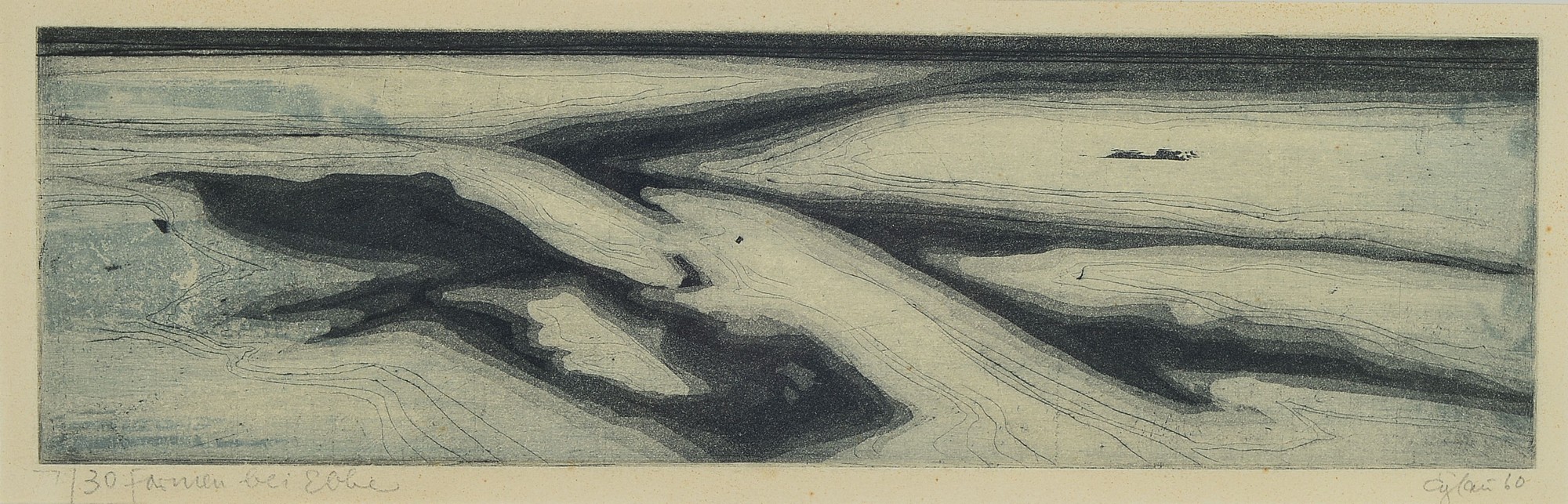 Otto Eglau, 1917 Berlin-1988 Sylt, Formen bei Ebbe, Kaltnadelradierung, handsigniert und dat. 60, betitelt und num. 7/30, ca. 11x37cm, PP, u.Gl., R. ...
