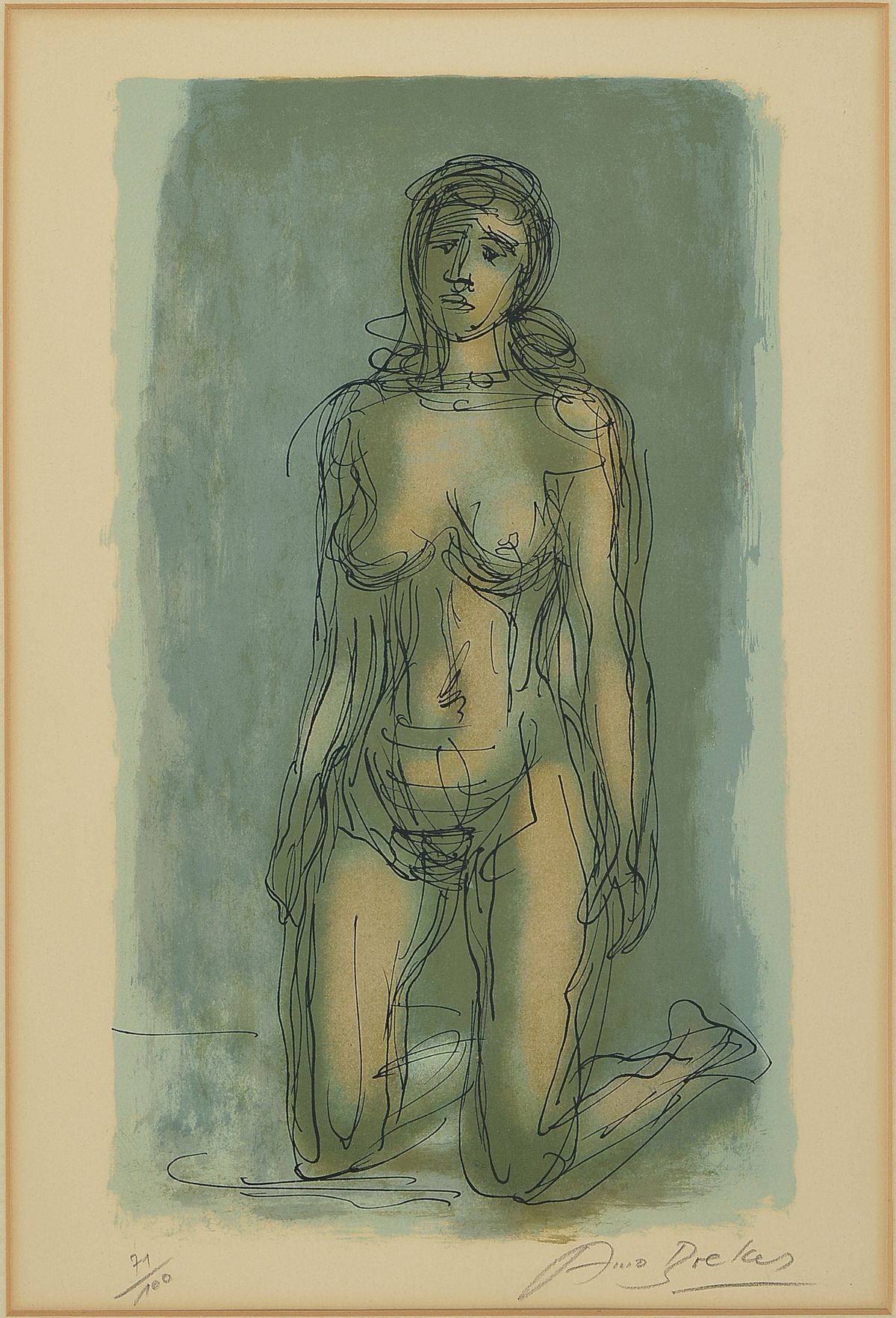 Arno Breker, 1900-1991, knieender weiblicher Akt, Farblithographie, handsigniert, num. 71/100, ca. 44x25cm, PP, u.Gl., R. ca. 77x58cm