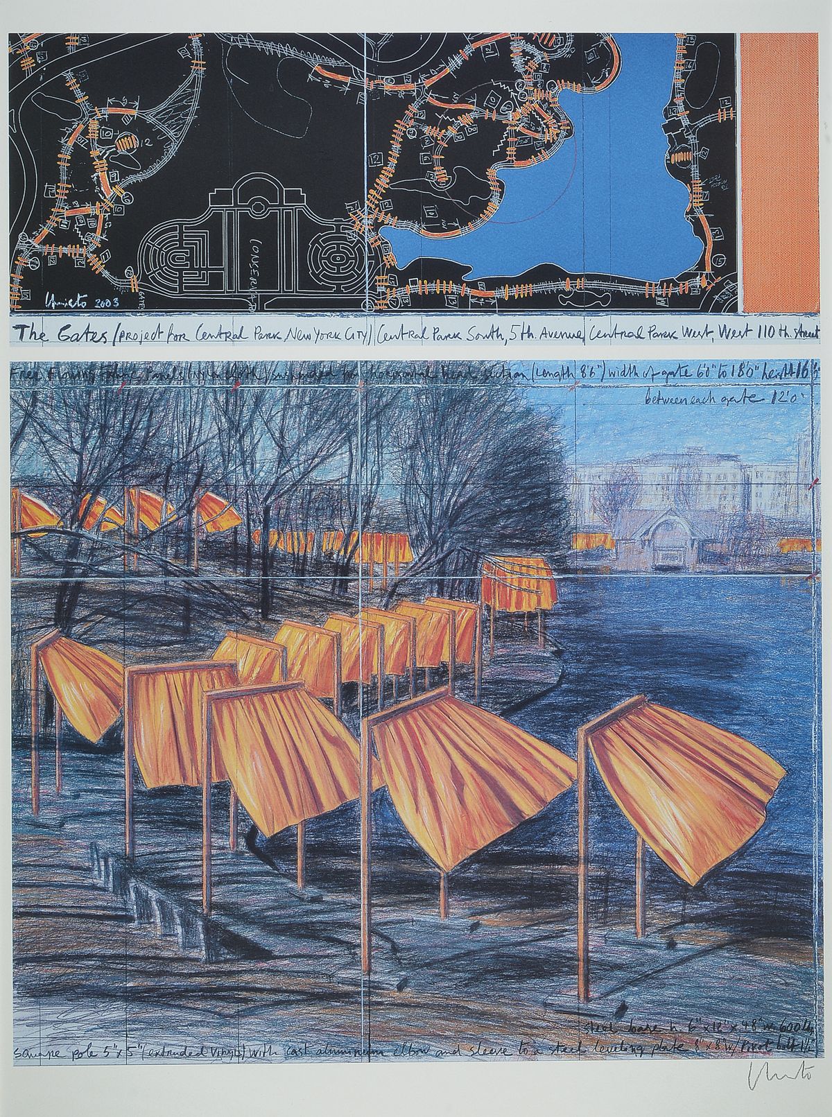 Christo, geb. 1935, The Gates, Central Park New York, Farboffset, handsign. , unter Glas gerahmt, Motiv ca, 76x60 cm. gesamt ca. 114x83 cm, inkl. ...