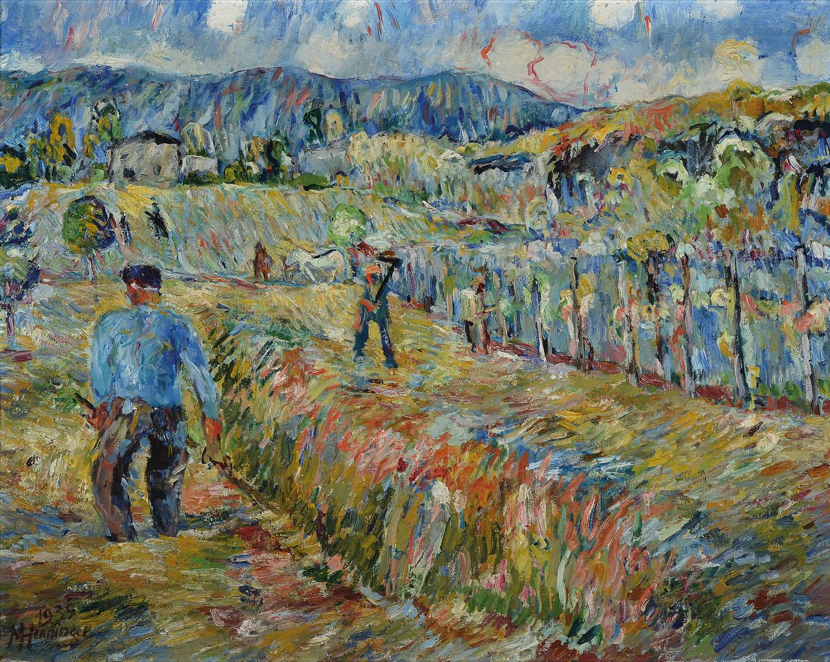 Manfred Henninger, 1894 Backnang-1986 Stuttgart, Bauern bei der Feldarbeit, Öl/Lwd, links unten signiert und datiert 1939, ca. 73x92.5cm, R.