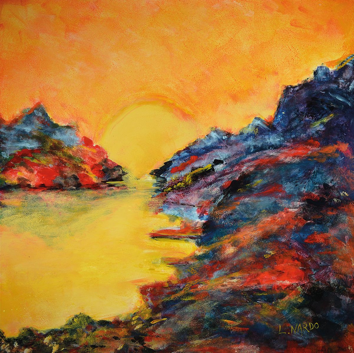 Louis Nardo, 1946-2009, Sonnenaufgnag über einer Felsenküste, Acryl auf Hartfaser, signiert, ca. 100x100cm