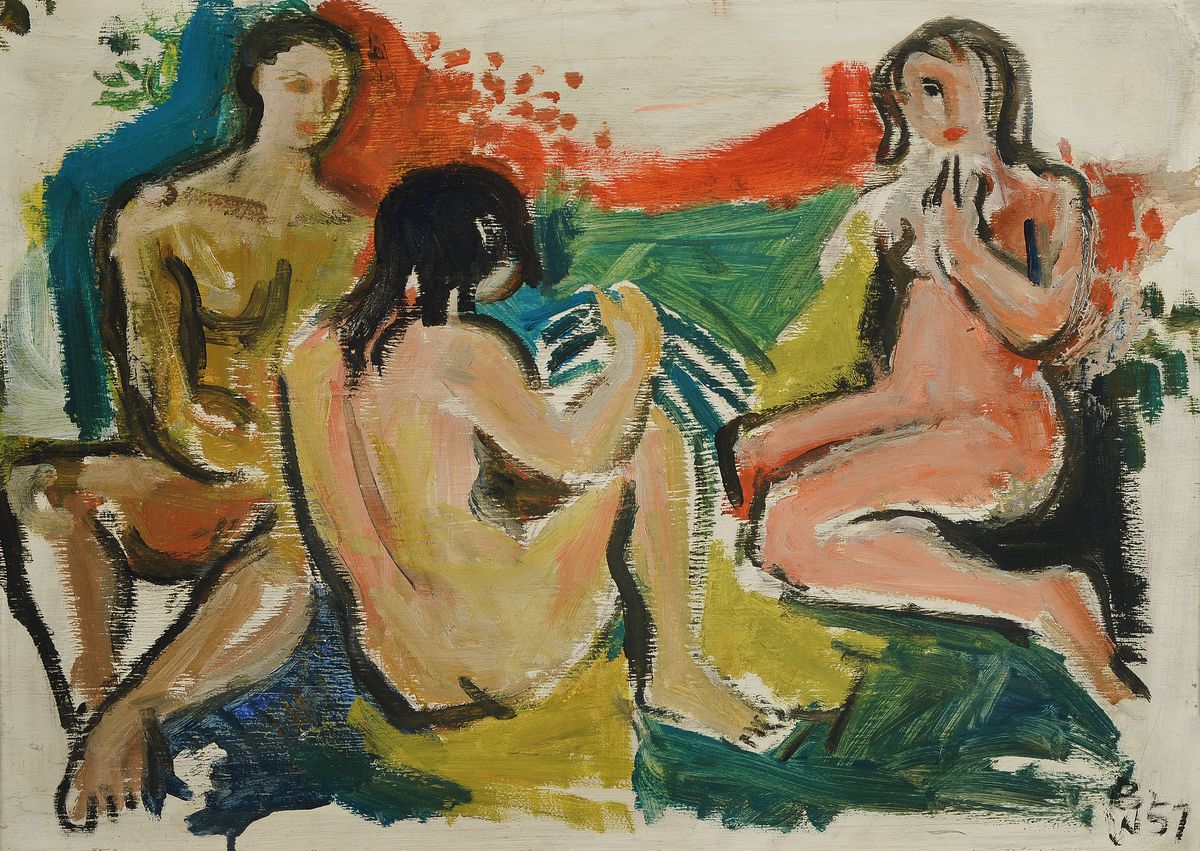 Willi Briant, 1922-2015, 2 Arbeiten in Öl auf Holz, 1x Winterwald, 1x x 3 weibliche Akte, beide monogrammiert BW und datiert 1957, je ca. 39x55cm