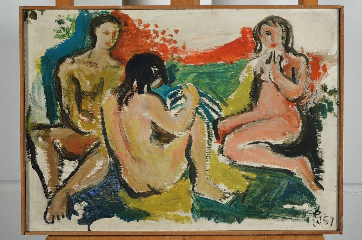 Detail k: Willi Briant, 1922-2015, 2 Arbeiten in Öl auf Holz, 1x Winterwald, 1x x 3 weibliche Akte, beide monogrammiert BW und datiert 1957, je ca. 39x55cm