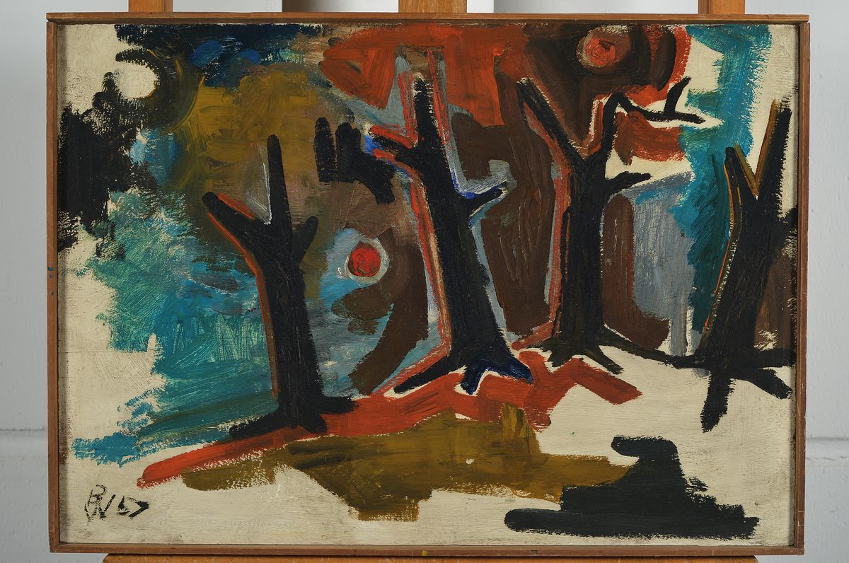 Detail n: Willi Briant, 1922-2015, 2 Arbeiten in Öl auf Holz, 1x Winterwald, 1x x 3 weibliche Akte, beide monogrammiert BW und datiert 1957, je ca. 39x55cm