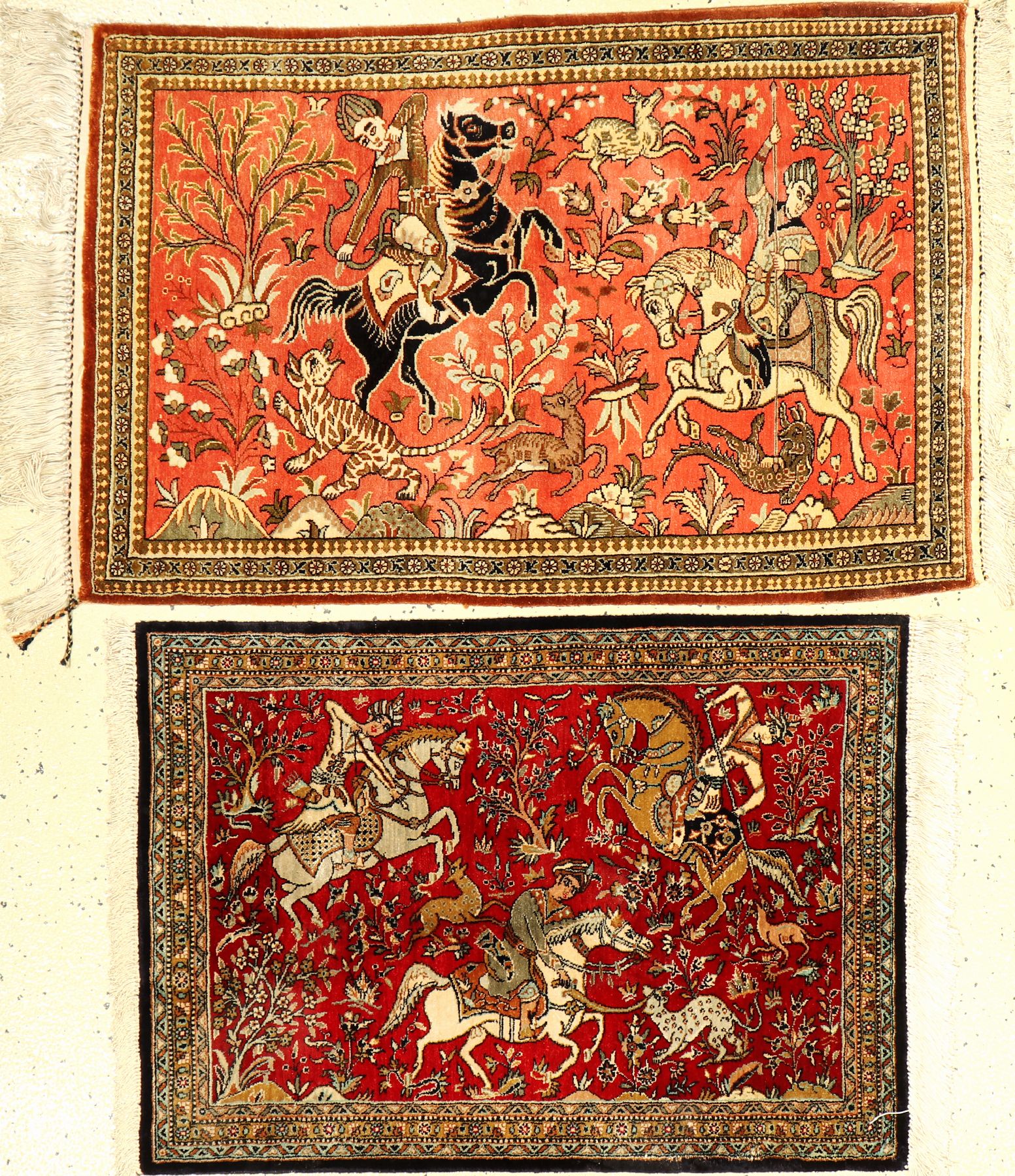 (2 Lots) 2x Seiden Ghom alt, Persien, ca. 50 Jahre, reine Naturseide, ca. 90 x 58 cm, ca. 77 x 56 cm, EHZ: 2.