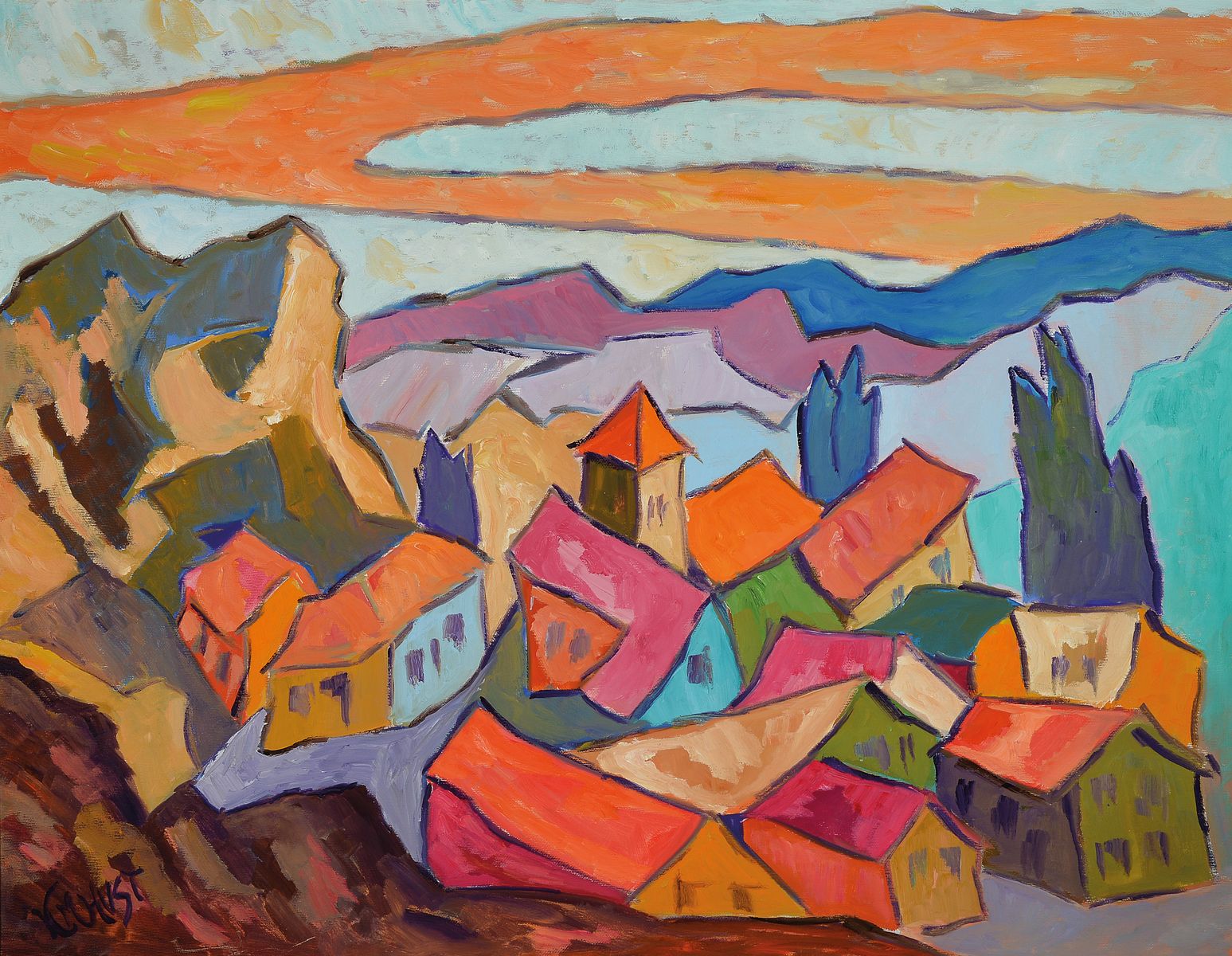 Karl Martin Hust, Pfarrer, Kunstmaler und Komponist aus Kaiserslautern, befreundet mit dem Arzt Albert Schweitzer, hier: Landschaft mit Gebirgsdorf, ...