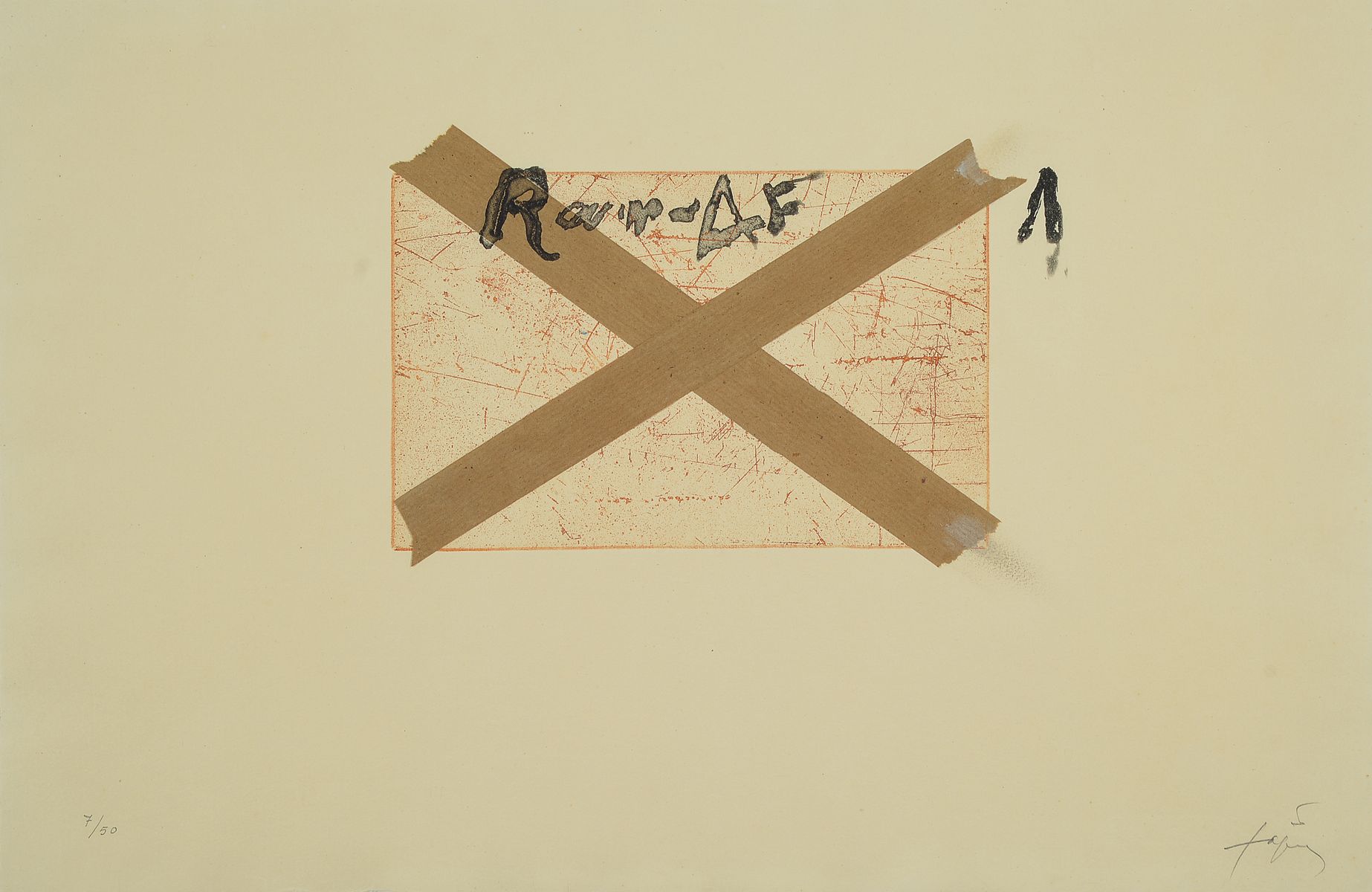 Antoni Tapies, 1923-2012, Farblithographie, collagiert mit Klebeband, handsigniert und num. 7/50, Blattgr. ca. 33.5x52cm, u.Gl., R.
