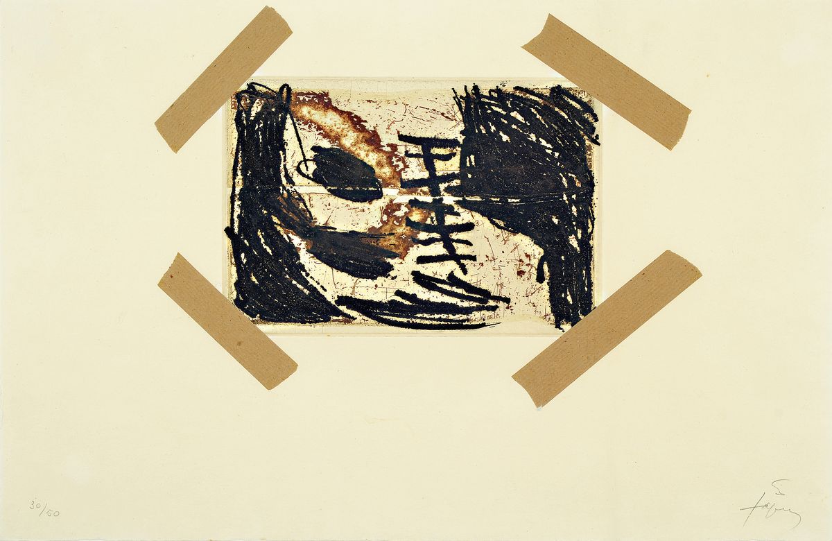 Antoni Tapies, 1923-2012, Farblithographie, collagiert mit Klebeband, handsigniert und num. 30/50, Blattgr. ca. 33.552cm, u.Gl., R.