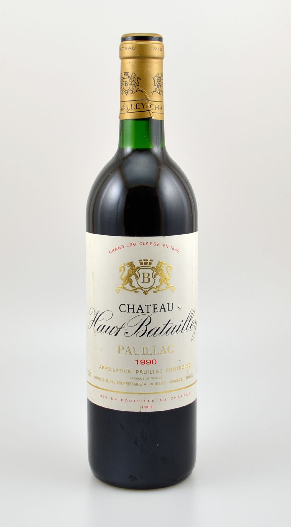 1 Flasche 1990 Chateau Haut-Batailley, Pauillac, ca. 75 cl, 12,5 % Vol., Füllstand: ca. top shoulder, Etikett min. beschmutzt, unverkostet