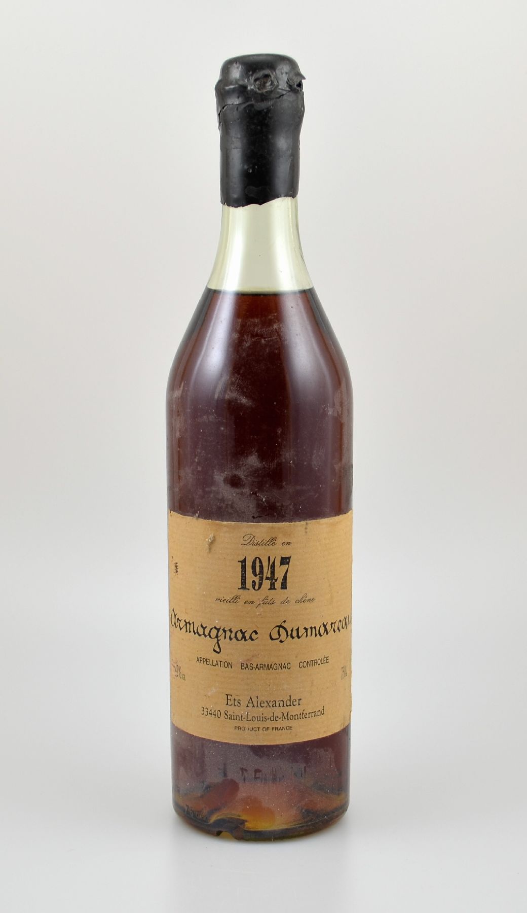 1 Flasche 1947 Armagnac Dumareau, ca. 70 cl, 42 % Vol., Abstand zwischen Kapselwachs und Armagnac: ca. 4 cm, hergestellt und abgefüllt für Ets ...