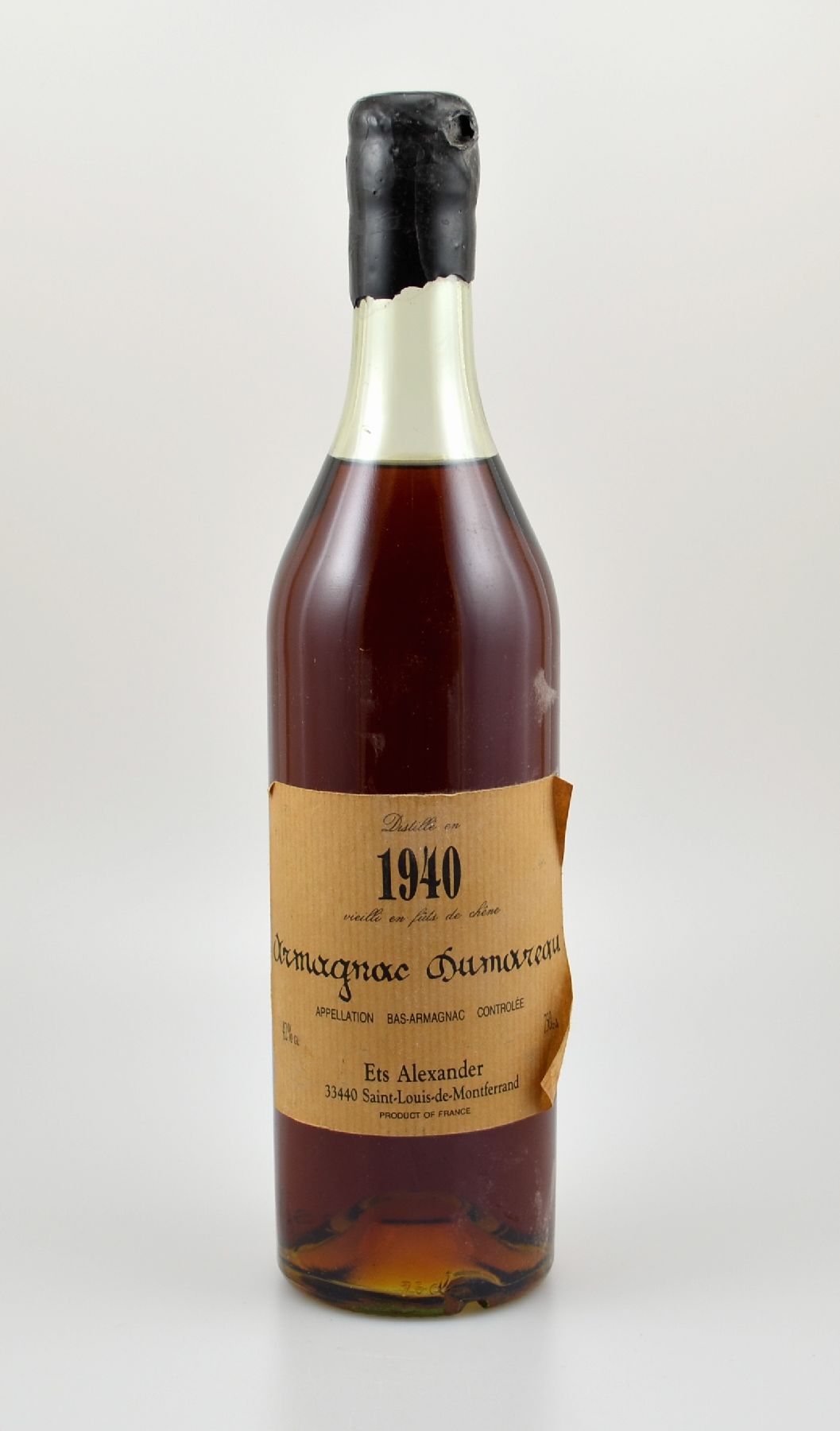 1 Flasche 1940 Armagnac Dumareau, ca. 70 cl, 42 % Vol., Abstand zwischen Kapselwachs und Armagnac: ca. 4 cm, hergestellt und abgefüllt für Ets ...