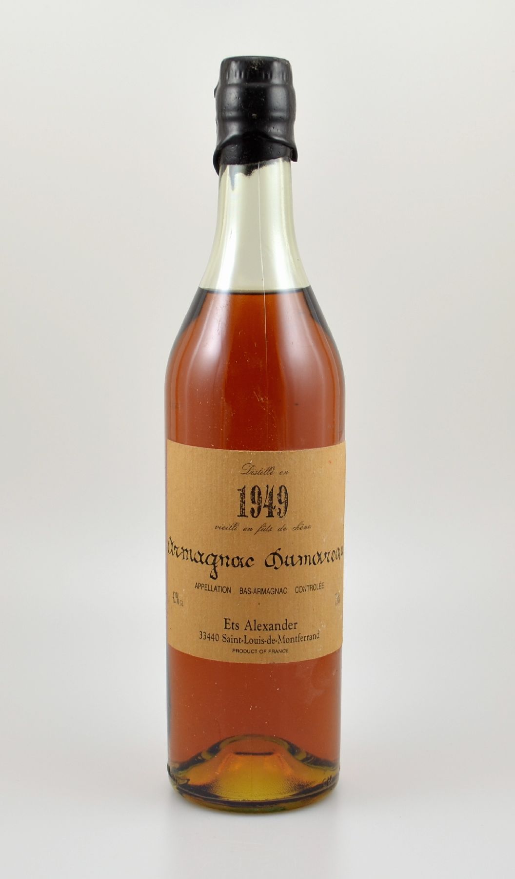 1 Flasche 1949 Armagnac Dumareau, ca. 70 cl, 42 % Vol., Abstand zwischen Kapselwachs und Armagnac: ca. 4 cm, hergestellt und abgefüllt für Ets ...