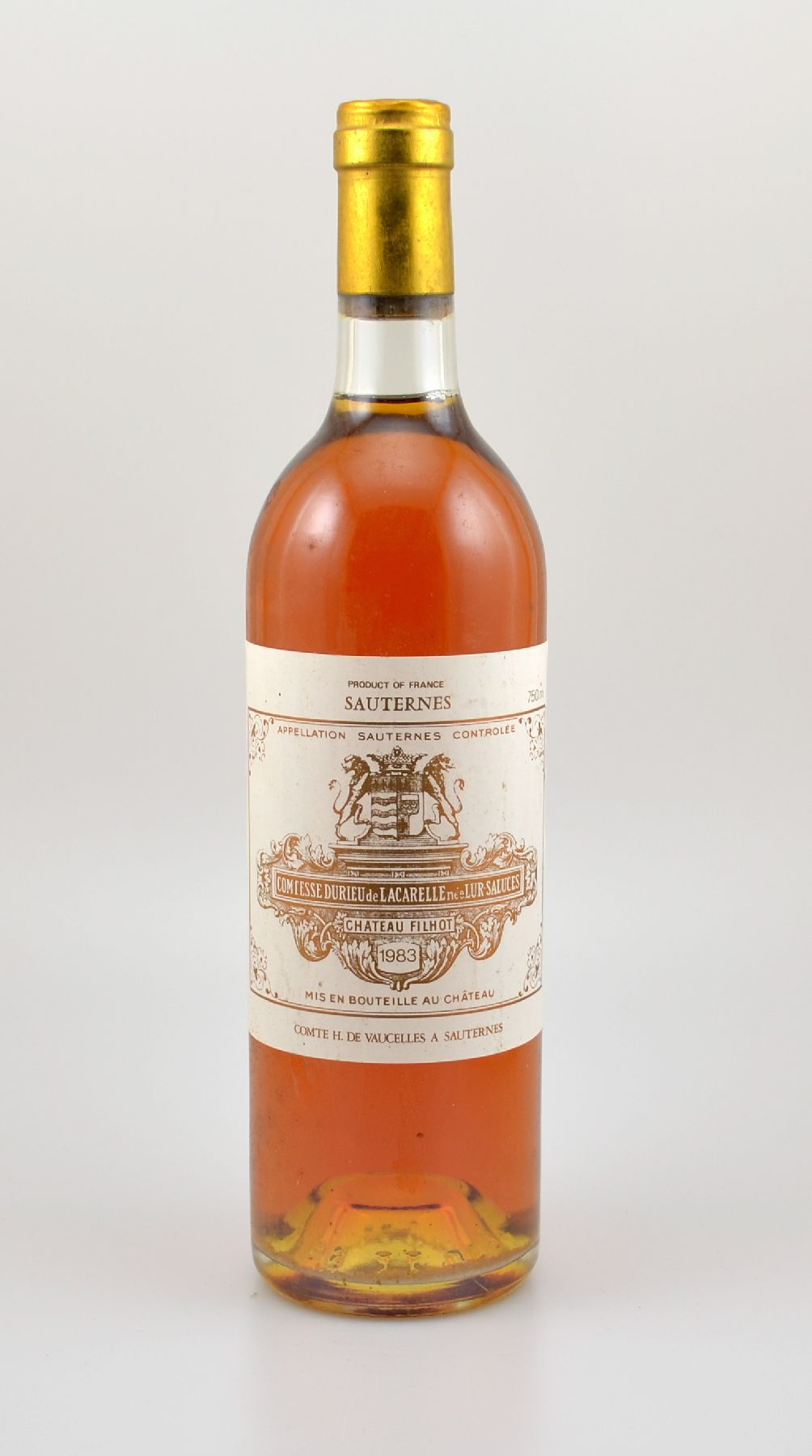 5 Flaschen 1983 Chateau Filhot Comtesse Durieude Lacarelle nee Lur-Saluces, Sauternes, je ca. 75 cl, Füllstände: je ca. into neck, gute ...