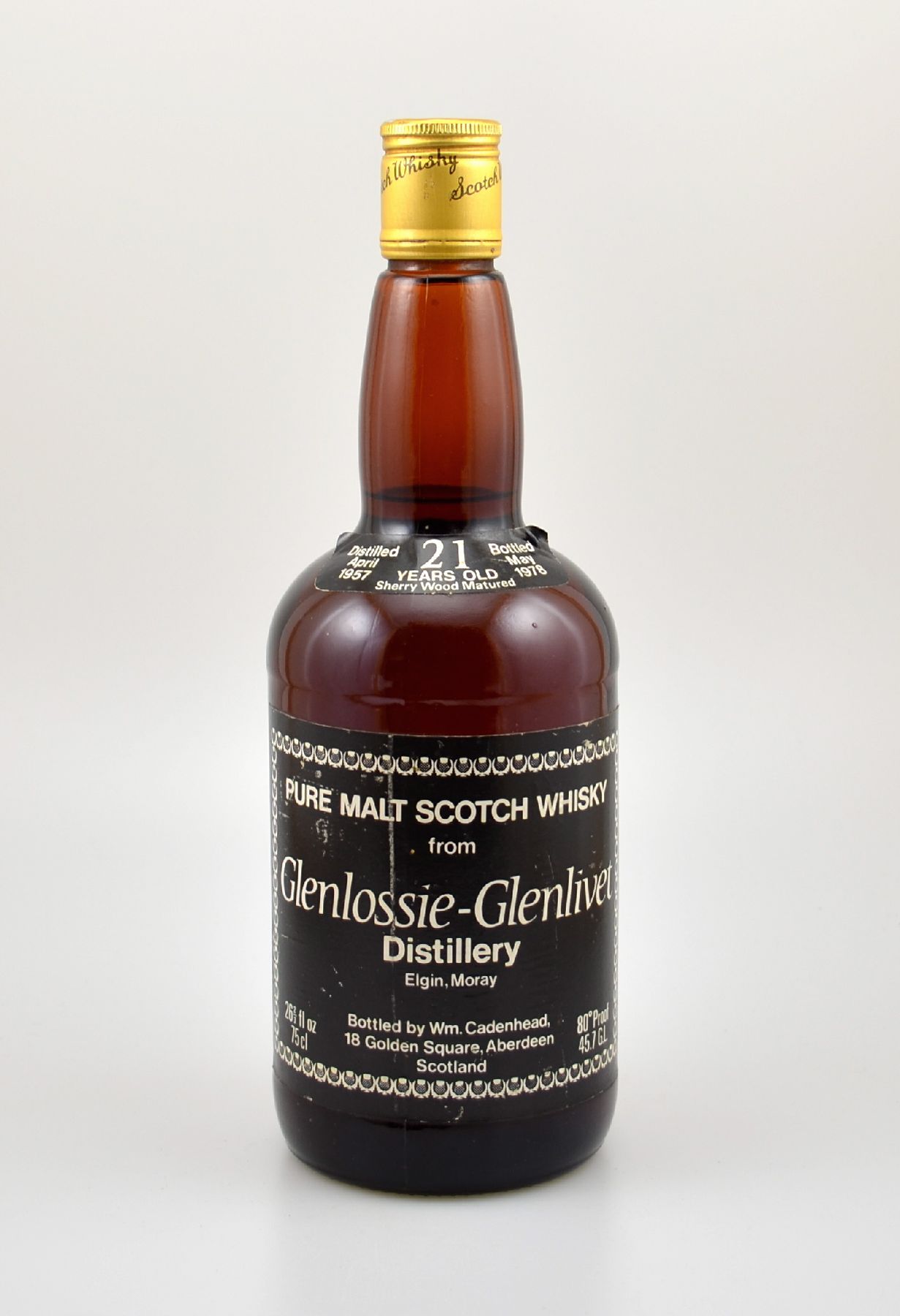 1 Flasche Single Malt Scotch Whisky, ca. 75 cl, 46 % Vol., distilled at Glenlossie -lenlivet Distillery, 21 Years Old, distilled in 1957, im Jahr ...