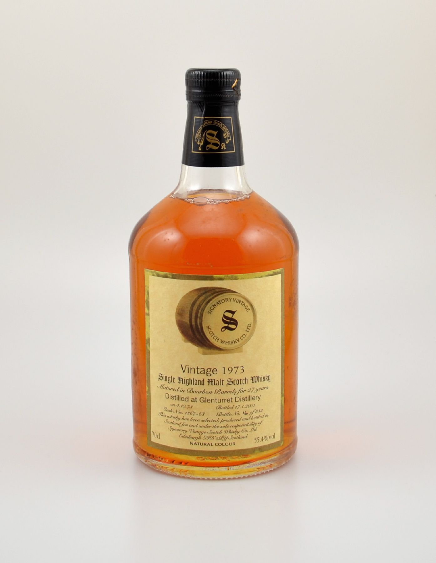 1 Flasche 1973 Single Malt Scotch Whisky, distilled at Glenturret Distillery, ca. 70 cl,55,4 % Vol., 27 Years Old, im Jahr 2001 abgefüllt, limitiert ...