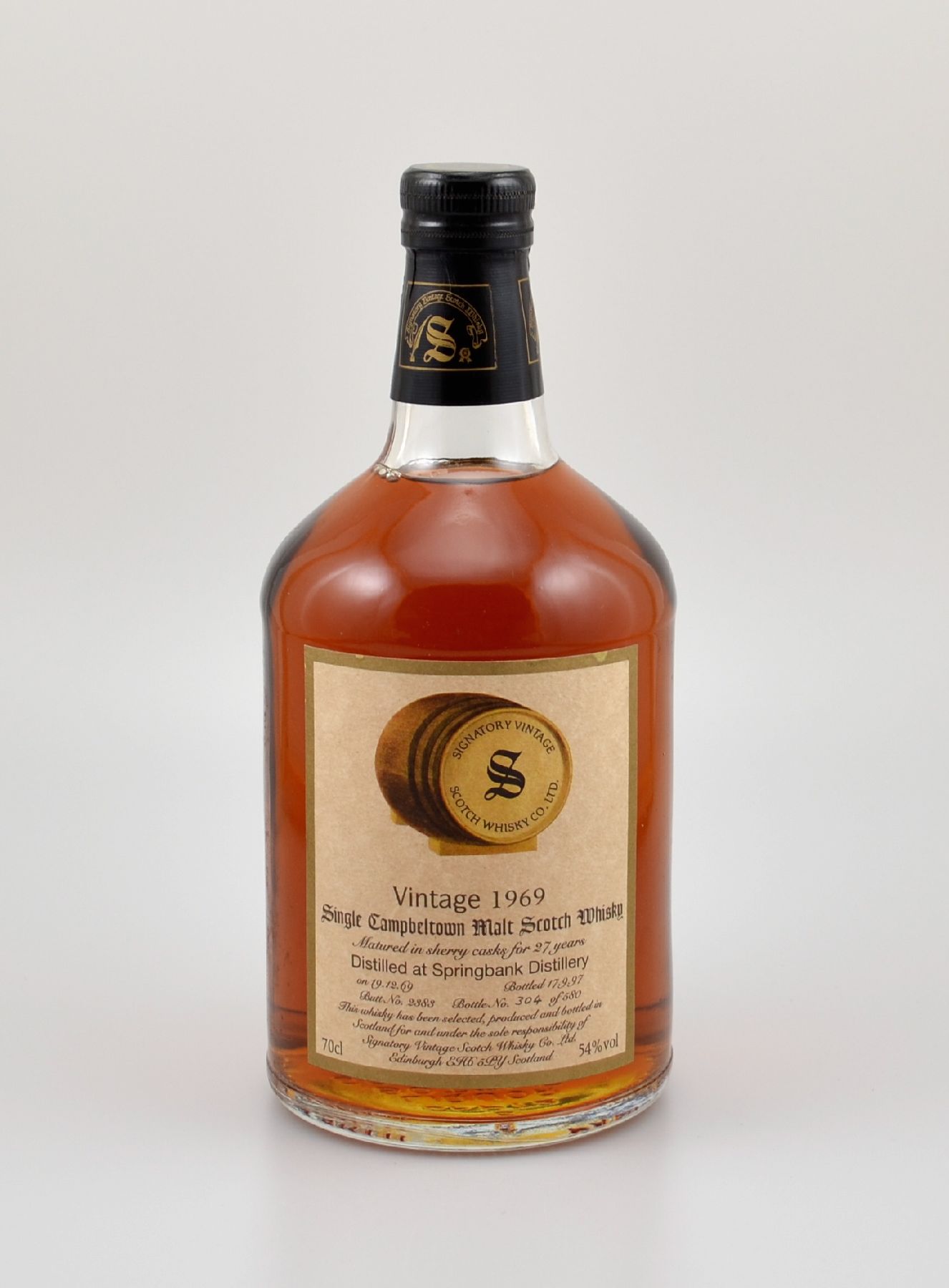 1 Flasche 1969 Single Malt Scotch Whisky, Campbeltown, distilled at Springbank Distillery, ca. 70 cl, 54 % Vol., 27 Years Old, im Jahr 1997 ...