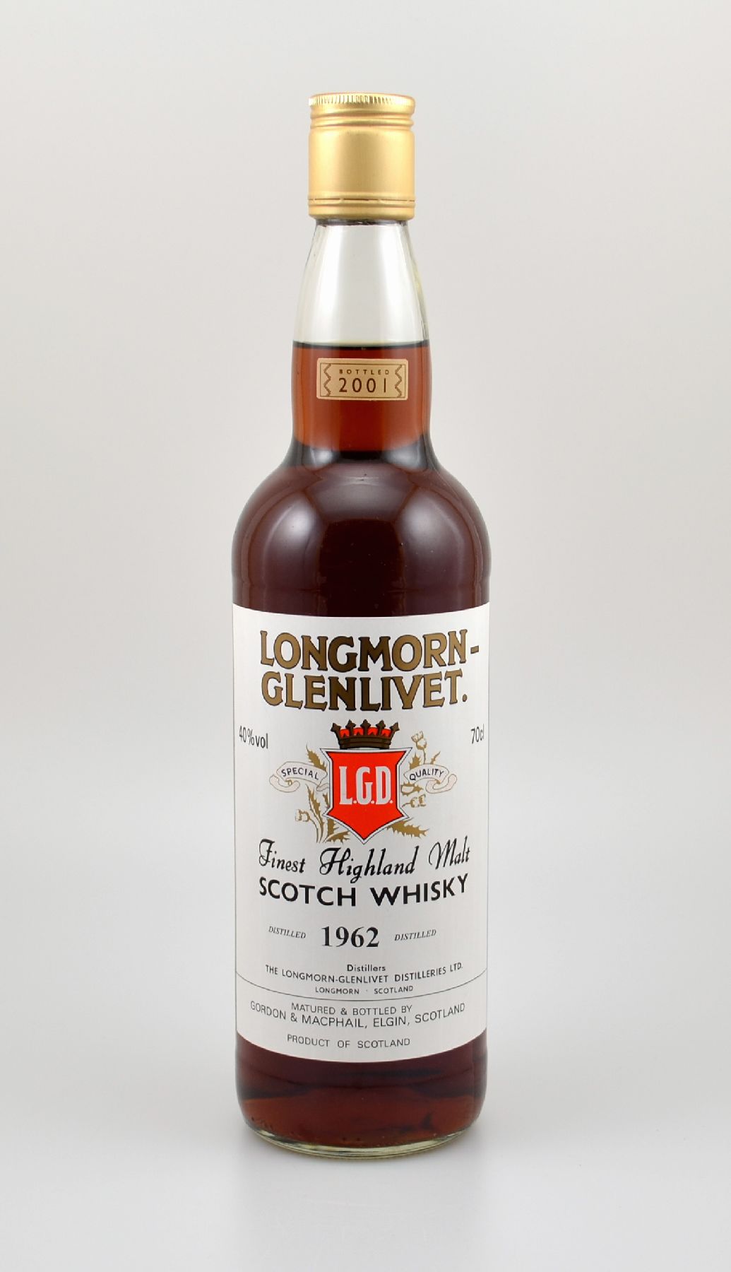 1 Flasche 1962 Longmorn-Glenlivet Finest Highland Malt Scotch Whisky, ca. 70 cl, 40 % Vol., 39 Years Old, im Jahr 2001 abgefüllt, hervorragender ...