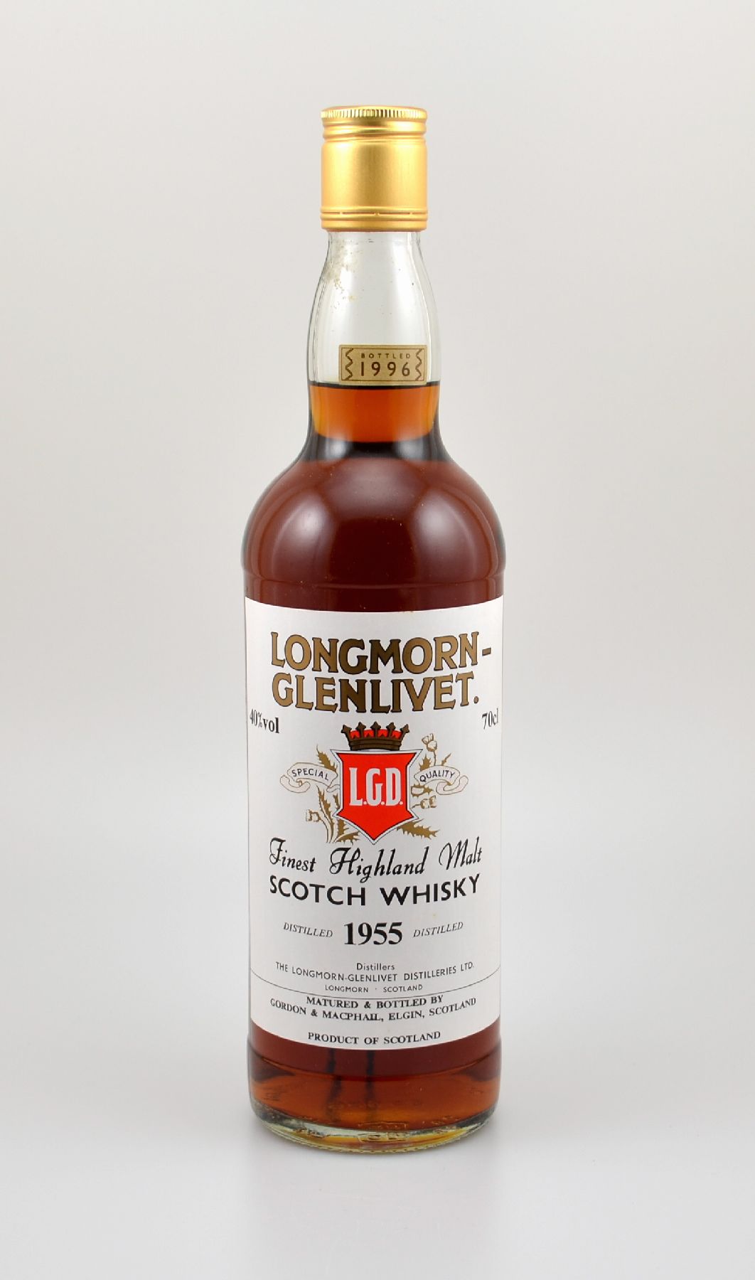 1 Flasche 1955 Longmorn-Glenlivet Finest Highland Malt Scotch Whisky, ca. 70 cl, 40 % Vol., 41 Years Old, im Jahr 1996 abgefüllt, hervorragender ...
