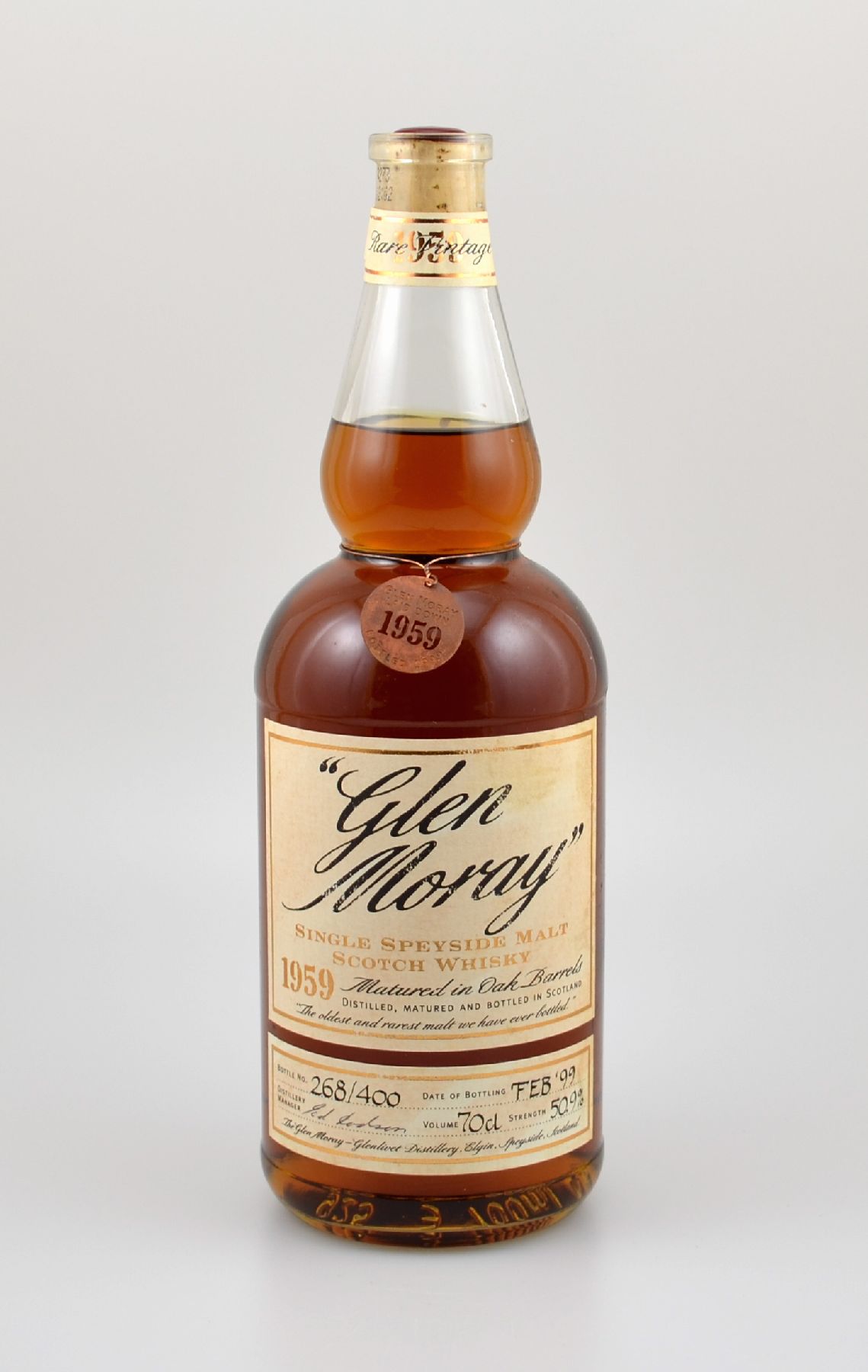1 Flasche 1959 Glen Moray Single Speyside Malt Scotch Whisky, ca. 70 cl, 50,9 % Vol., 40 Years Old, im Jahr 1999 abgefüllt, limitiert auf 400 ...