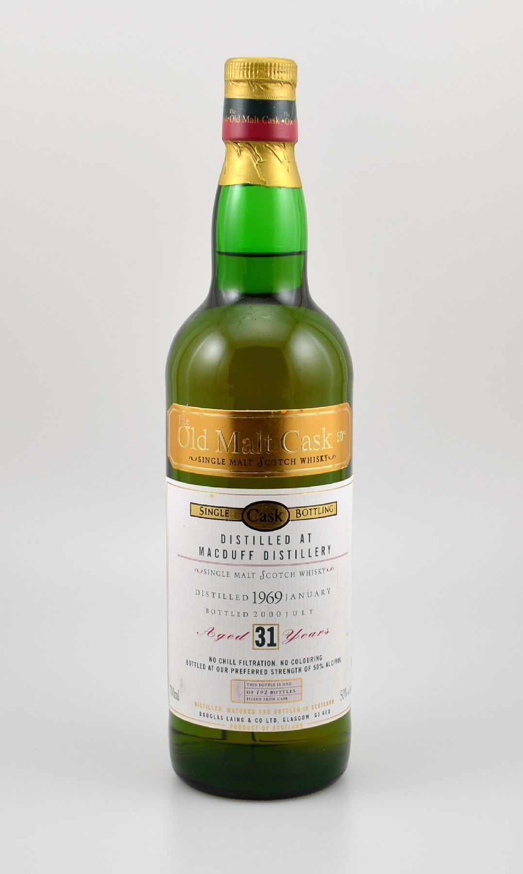 1 Flasche 1969 Single Malt Scotch Whisky, distilled at Macduff Distillery, ca. 70 cl, 50 % Vol., 31 Years Old, im Jahr 2000 abgefüllt, limitiert auf ...