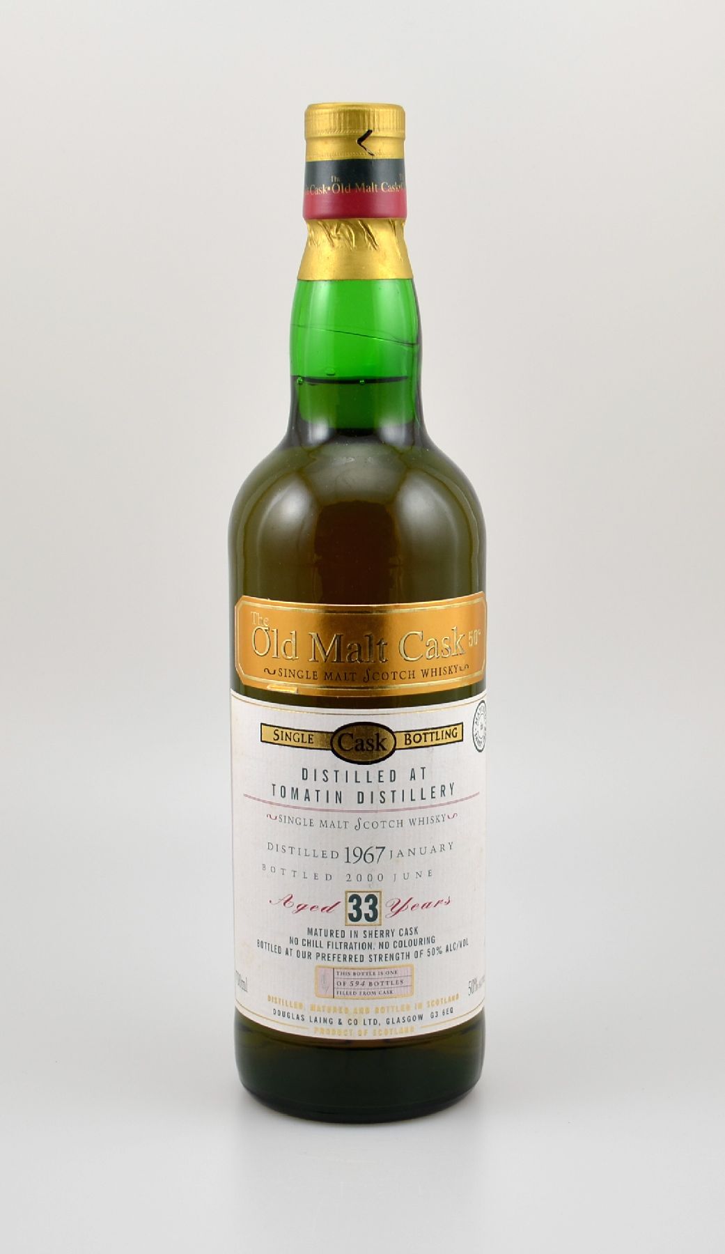 1 Flasche 1967 Single Malt Scotch Whisky, distilled at Tomatin Distillery, ca. 70 cl, 50 % Vol., 33 Years Old, im Jahr 2000 abgefüllt, limitiert auf ...