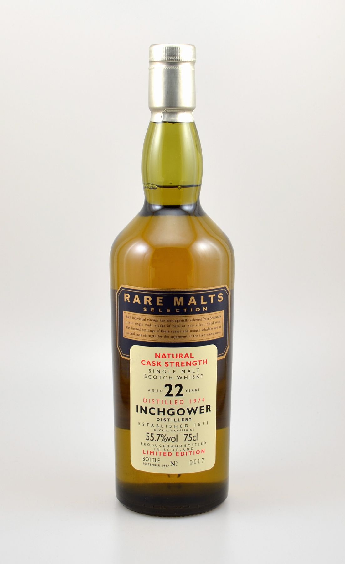 1 Flasche 1974 Single Malt Scotch Whisky, Rare Malts Selection, ca. 75 cl, 55,7 % Vol., distilled at Inchgower distillery, 22 Years Old, im Jahr 1996 ...