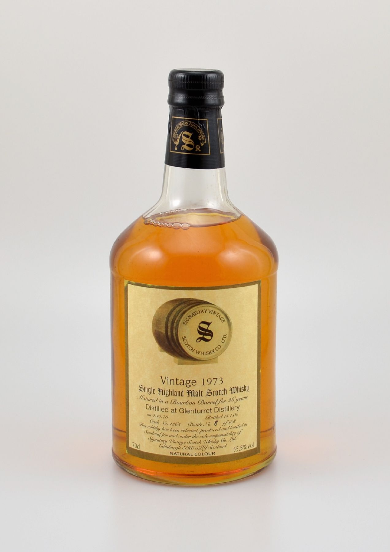 1 Flasche 1973 Single Malt Scotch Whisky, distilled at Glenturret Distillery, ca. 70 cl, 55,5 % Vol., 26 Years Old, im Jahr 1999 abgefüllt, ...