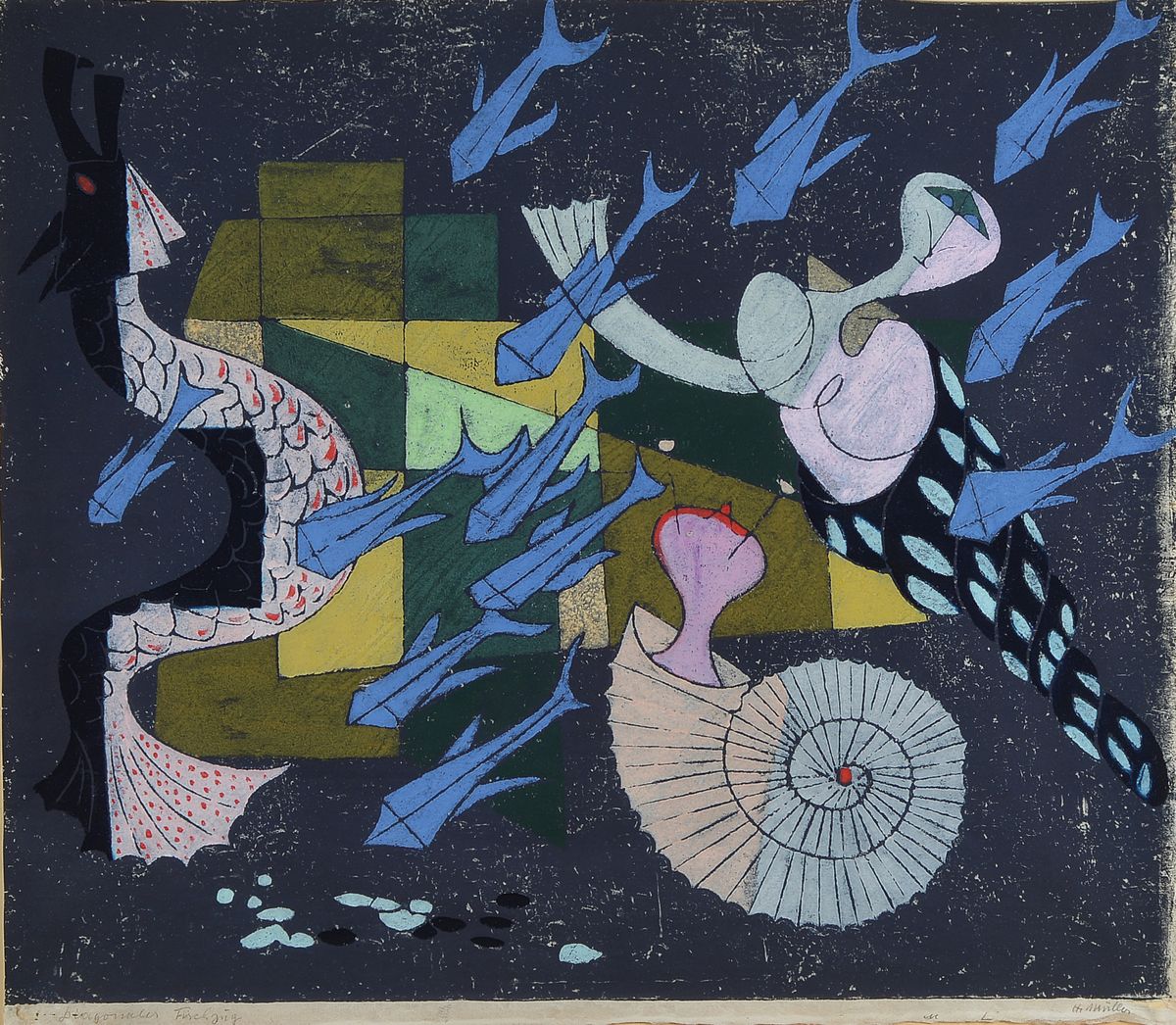 Rolf Müller-Landau, 1903-1956 Bad Bergzabern, Diagonaler Fischzug, Monotypie, handsigniert und betitelt, ca. 46x54cm, PP, u.Gl., R. ca. 66x74cm