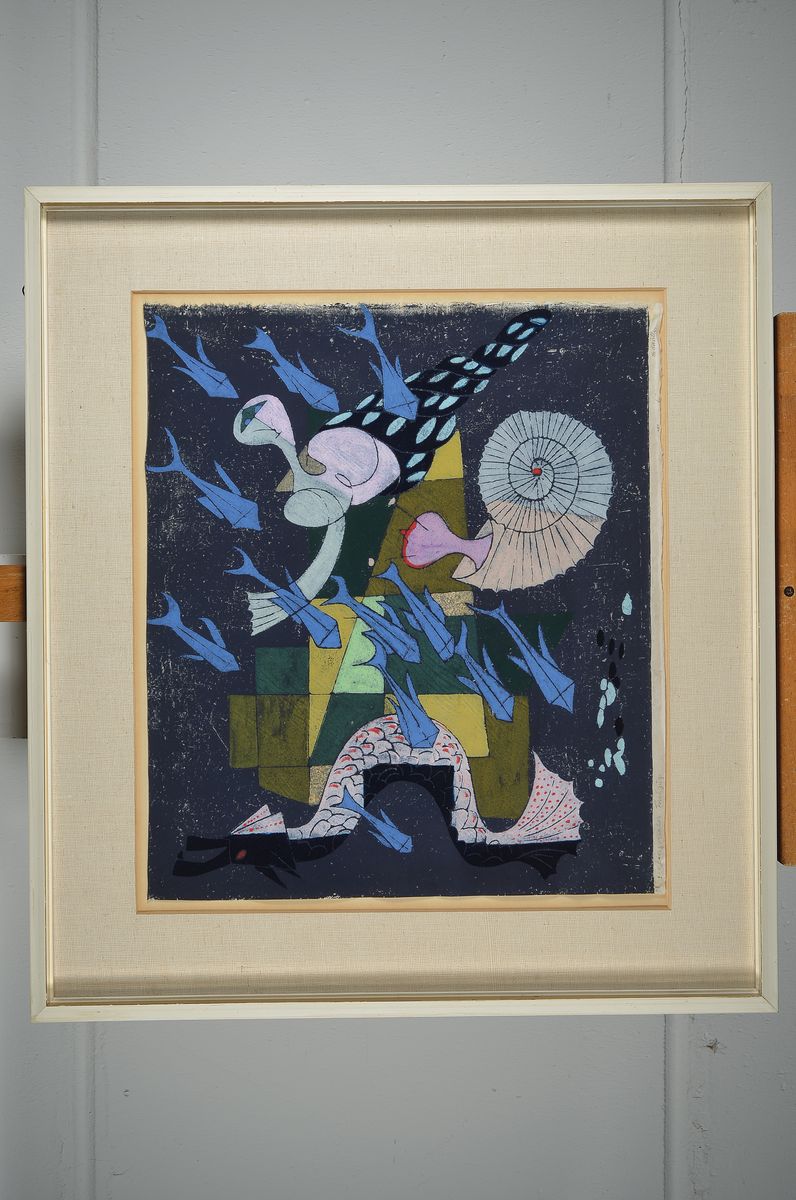 Detail k: Rolf Müller-Landau, 1903-1956 Bad Bergzabern, Diagonaler Fischzug, Monotypie, handsigniert und betitelt, ca. 46x54cm, PP, u.Gl., R. ca. 66x74cm