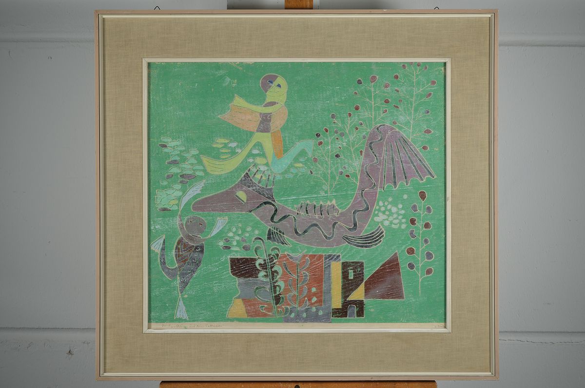 Detail k: Rolf Müller-Landau, 1903-1956 Bad Bergzabern, Der Fischkönig und sein Sekretär, Monotypie, handsigniert und betitelt, ca. 48x54cm, PP, u.Gl., R. ...