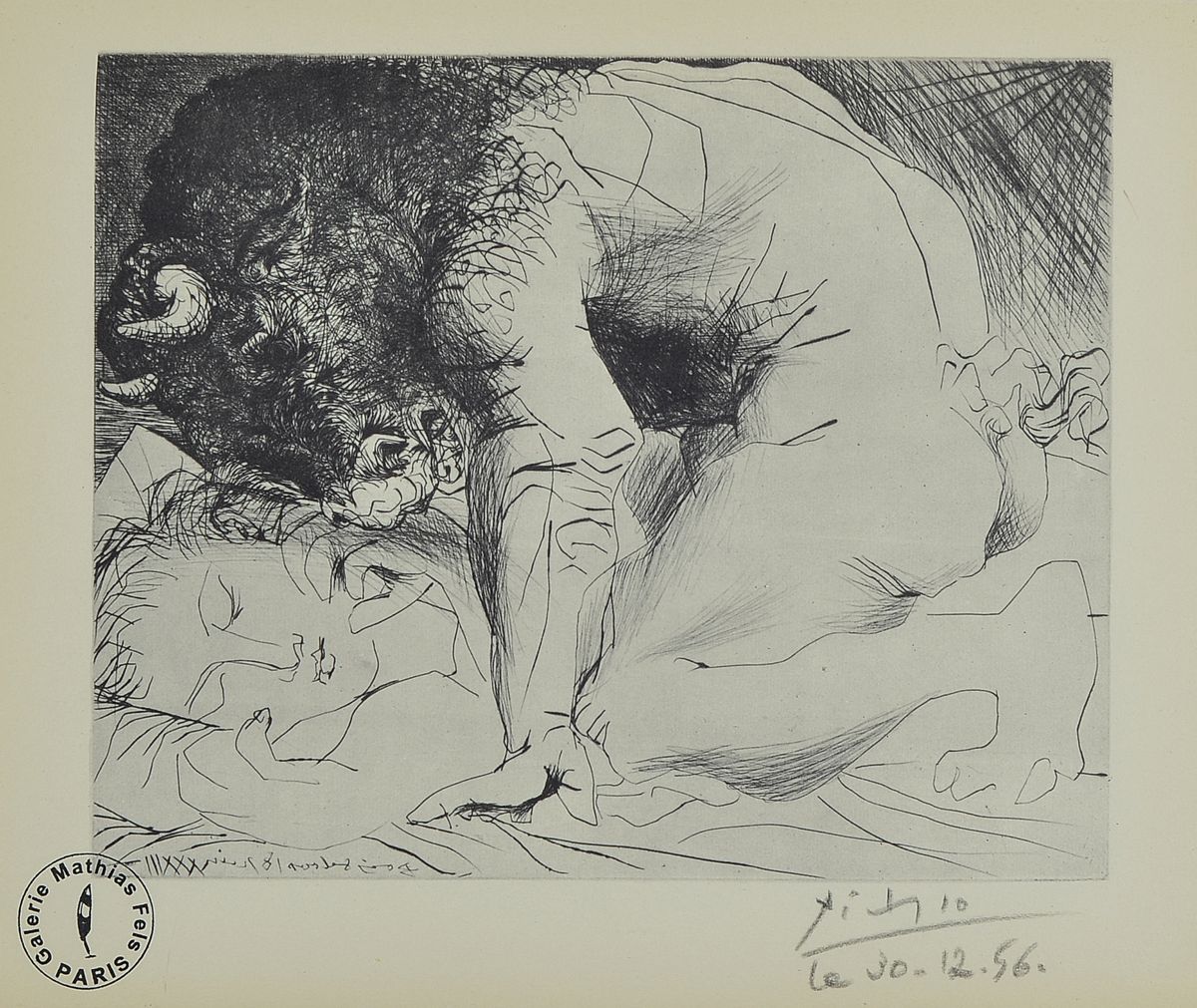 Pablo Picasso, Malaga 1881 - 1973 Mougins, Offsetlitho, Reedition Galerie Mathias Fels Paris, "weibliche Akte und Stier über schlafender ...