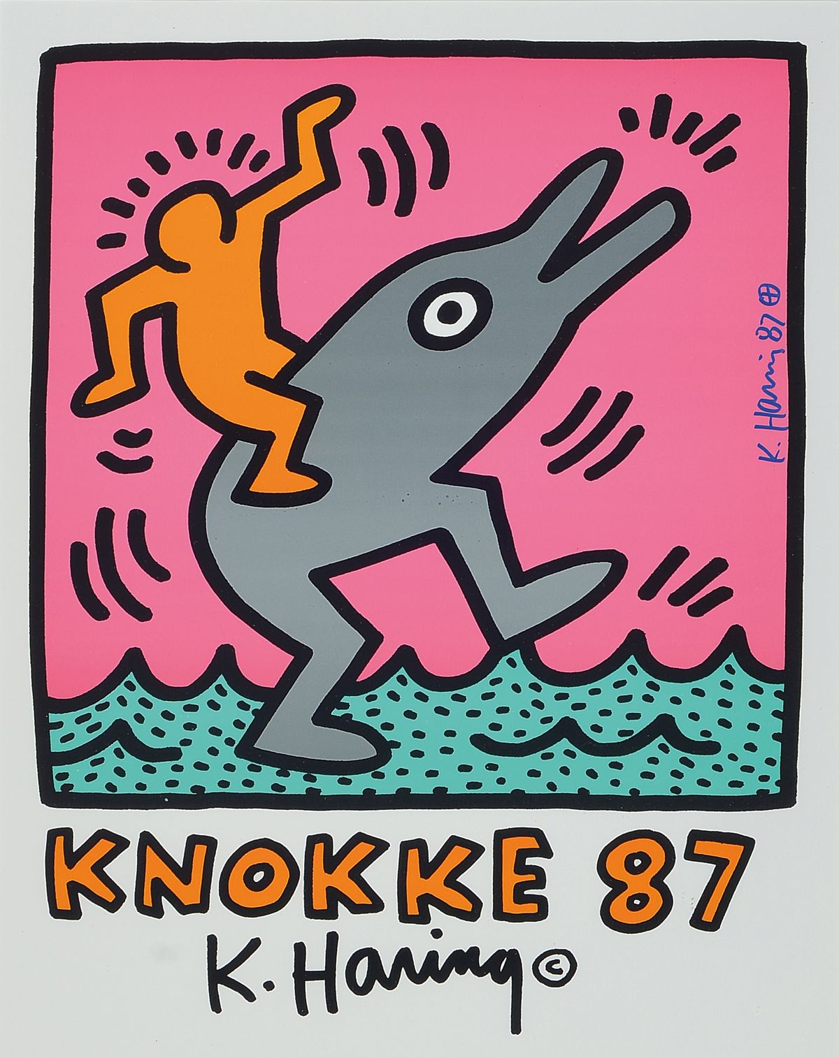 Keith Haring, 1985 - 1990, Casino Knokke, 1987, handsigniert, Farbsiebdruck, ca. 48 x 38 cm, unter Glas, Rahmen, PP. ca. 80 x 70 cm