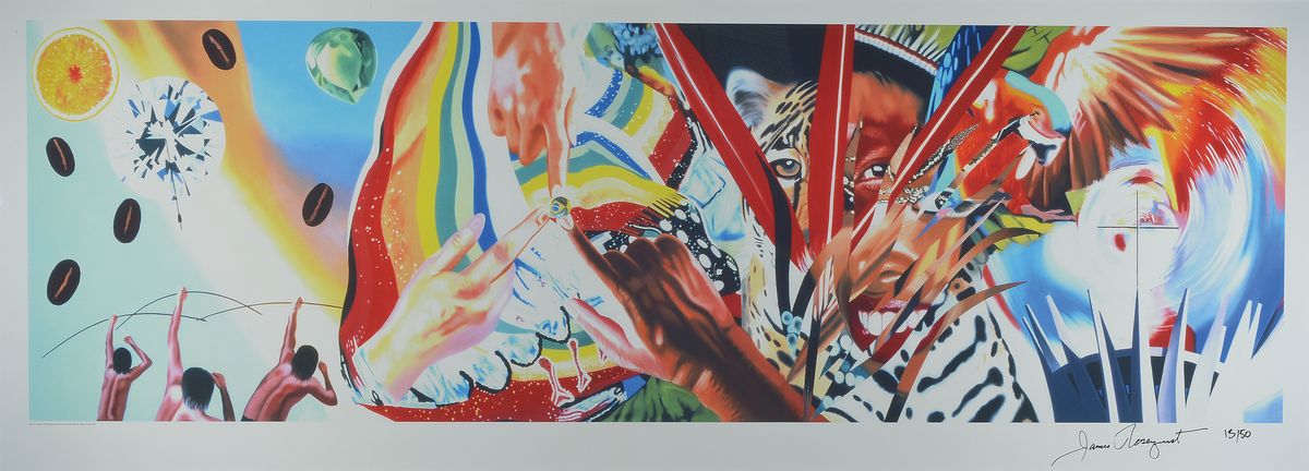 James Rosenquist, 1933-2017, Farb-Pigmentdruck auf dickem Aquarellpapier, handsigniert und num. 13/50, aus 2014, 70 x 200 cm, unter Glas, Rahmen: 77 ...