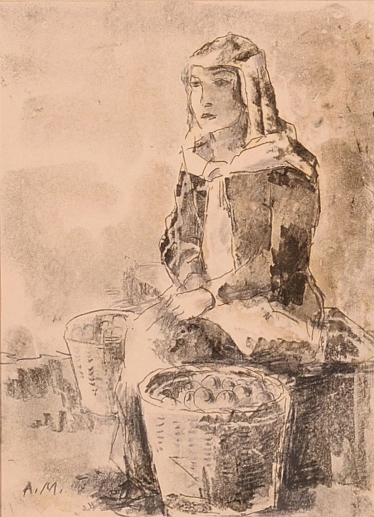 Albert Mueller, 1884-1963, Kohlezeichnung, signiert A.M. , PP, gesamt ca. 35x25 cm
