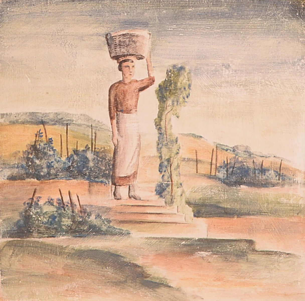 Albert Mueller, 1884- 1963, Frau mit Korb auf dem Kopf, Gouache auf Hartfaser, unsign., ca. 28,5x28,5 cm