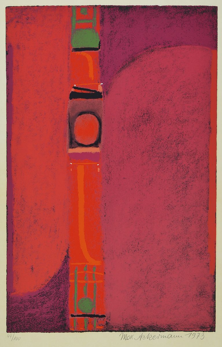 Max Ackermann, 1887-1975, Gespanntes Rot-Überbrückungskomposition, Farbserigraphie von 1973, handsigniert und num. 44/100, ca. 49x31cm, u.Gl., R. ...