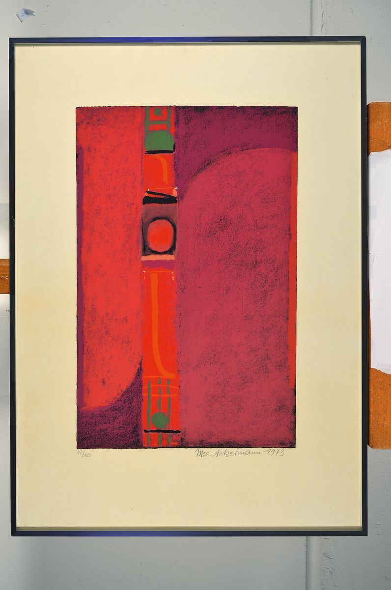 Detail k: Max Ackermann, 1887-1975, Gespanntes Rot-Überbrückungskomposition, Farbserigraphie von 1973, handsigniert und num. 44/100, ca. 49x31cm, u.Gl., R. ...