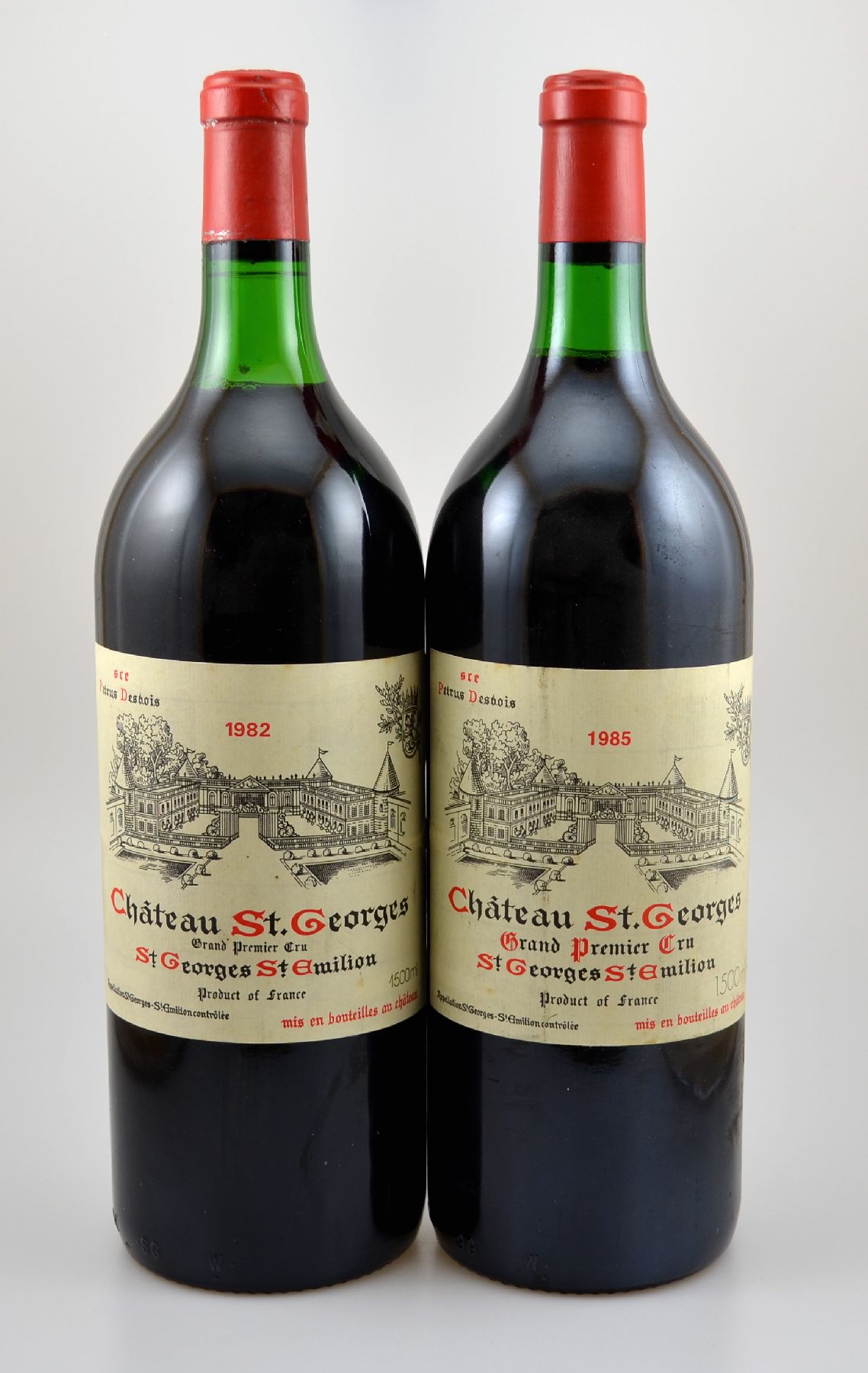 4 Magnumflaschen Chateau St. Georges, St. Georges St. Emilion, Jahrgänge: 2 x 1982, 2 x 1985, je ca. 150 cl, Füllstände: je ca. top shoulder, ...