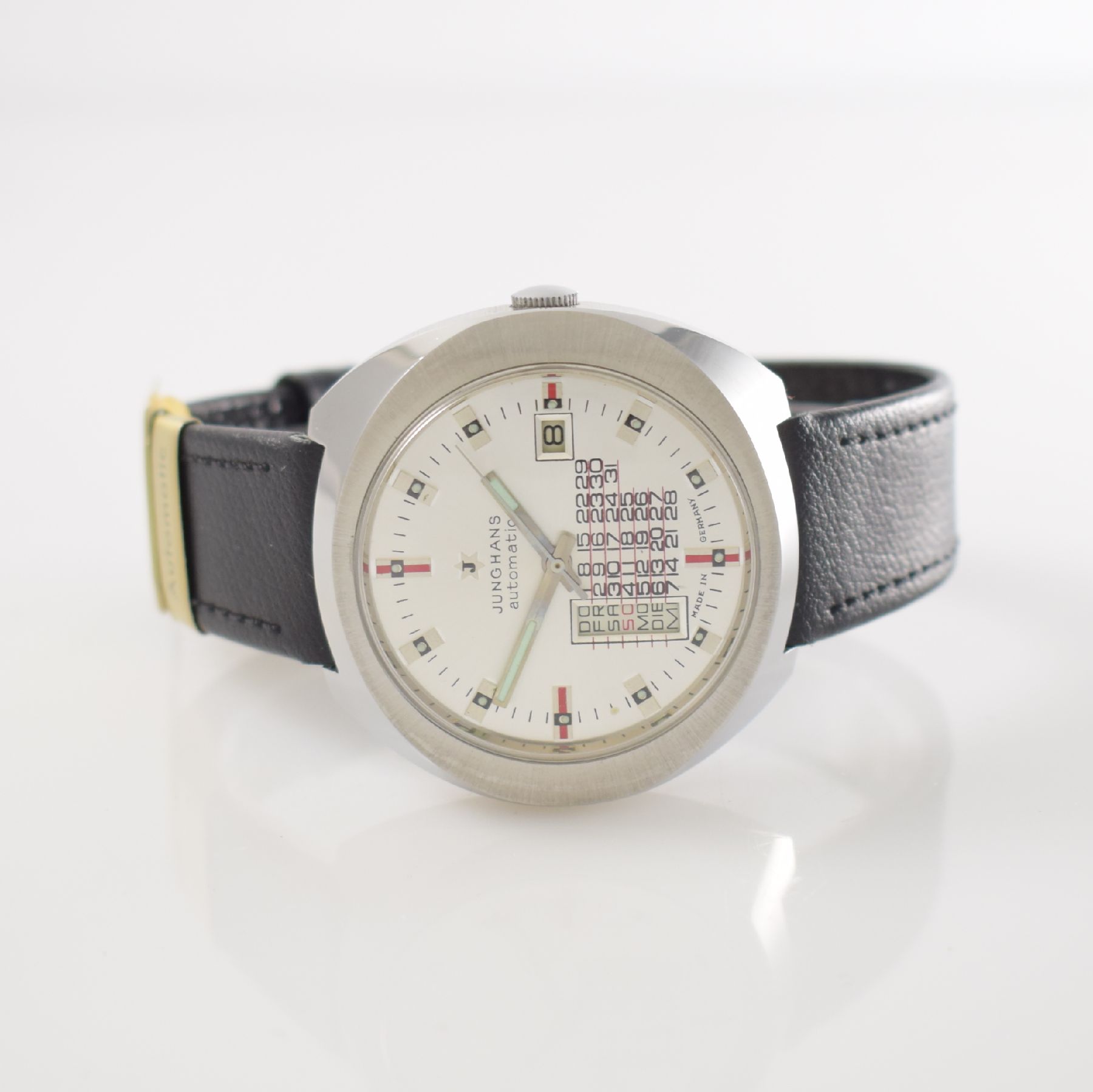 JUNGHANS nahezu neuwertige Armbanduhr mit Tag & Datum, Automatik, Deutschland um 1970, verchromtes Metallgeh., Edelstahlboden aufgedr., Anz. v. Std., ...