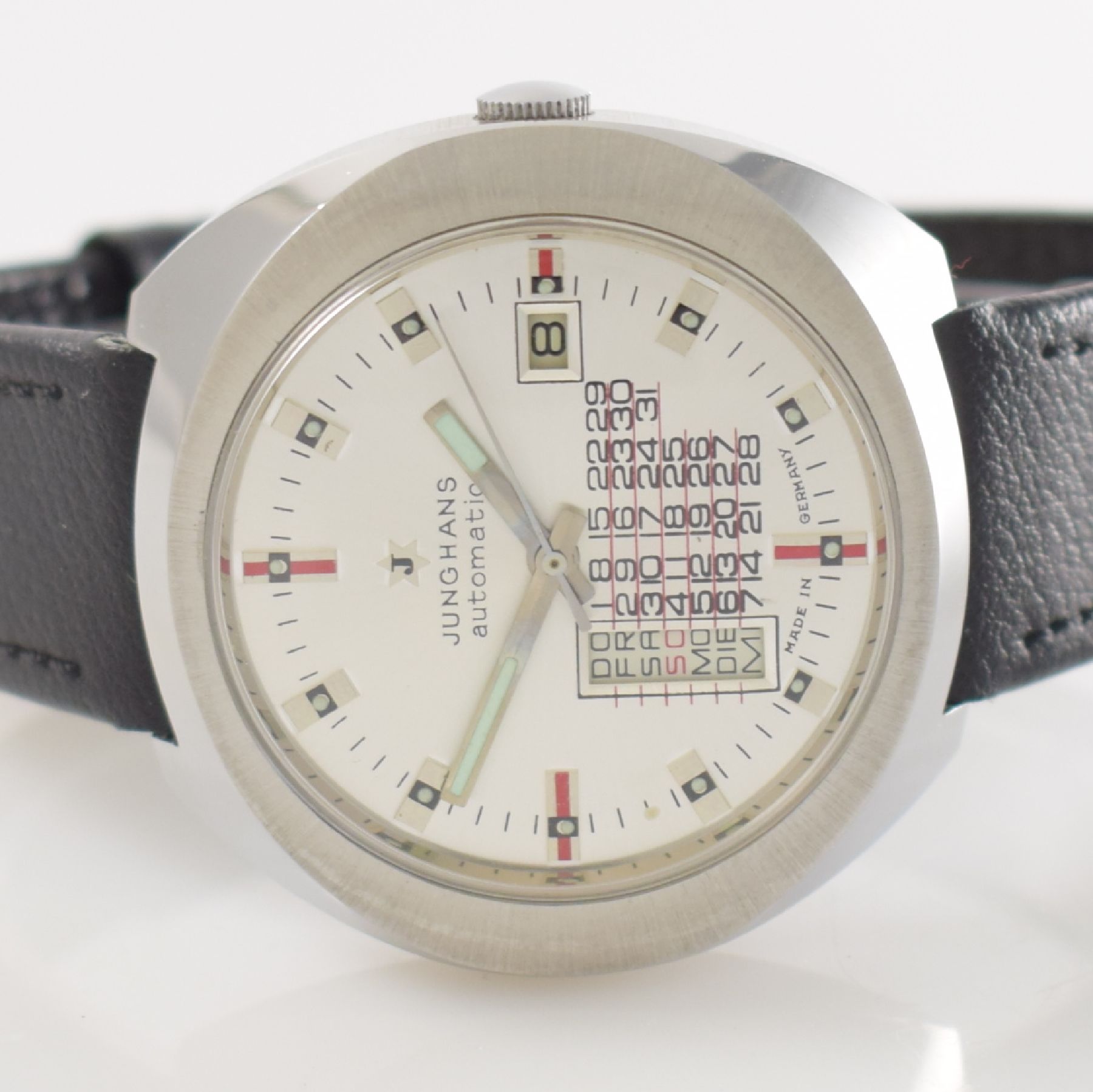 Detail a: JUNGHANS nahezu neuwertige Armbanduhr mit Tag & Datum, Automatik, Deutschland um 1970, verchromtes Metallgeh., Edelstahlboden aufgedr., Anz. v. Std., ...