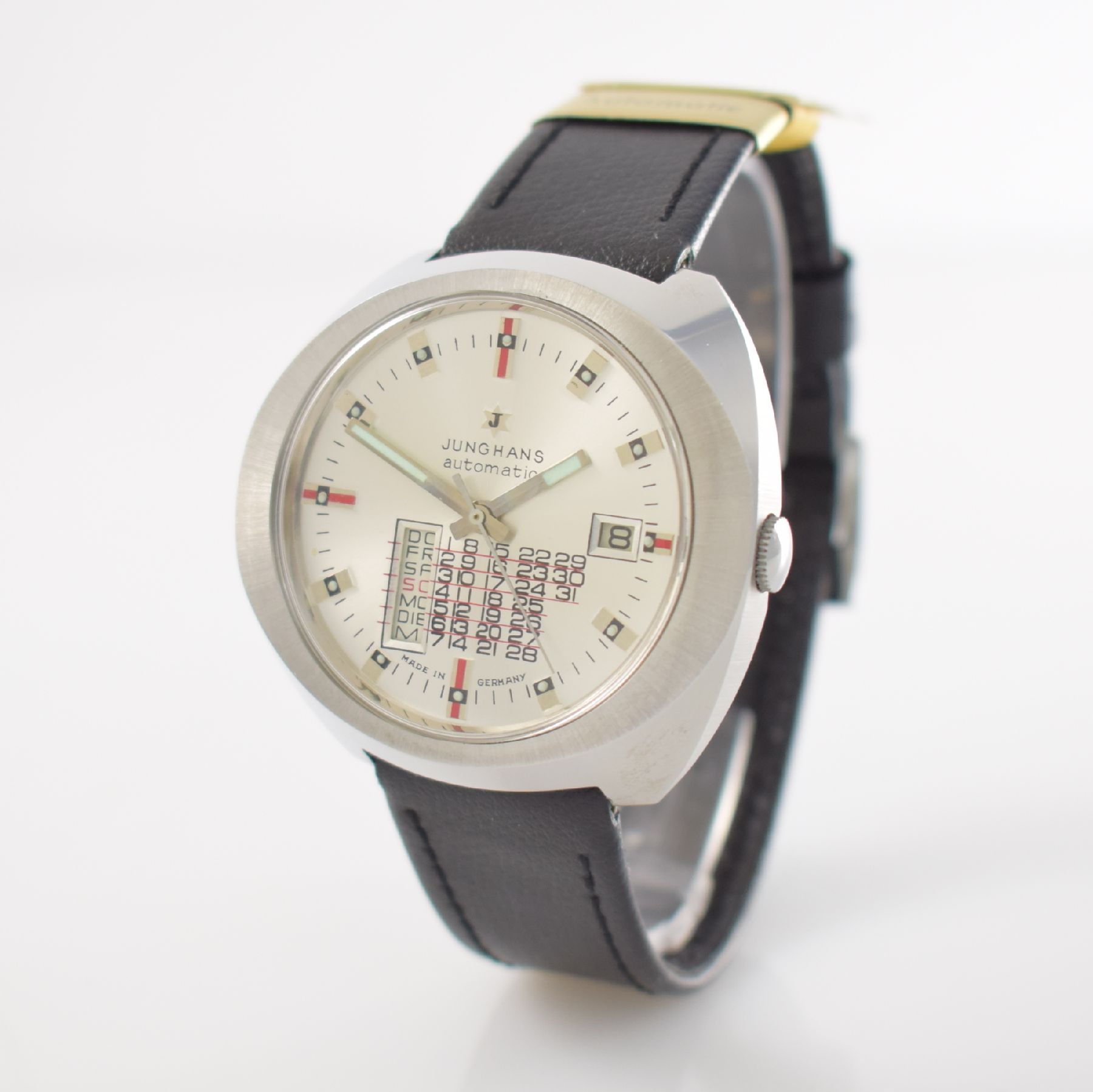 Detail b: JUNGHANS nahezu neuwertige Armbanduhr mit Tag & Datum, Automatik, Deutschland um 1970, verchromtes Metallgeh., Edelstahlboden aufgedr., Anz. v. Std., ...