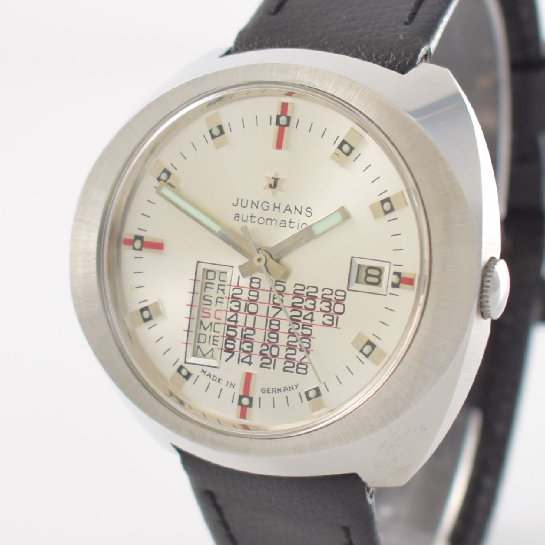 Detail c: JUNGHANS nahezu neuwertige Armbanduhr mit Tag & Datum, Automatik, Deutschland um 1970, verchromtes Metallgeh., Edelstahlboden aufgedr., Anz. v. Std., ...