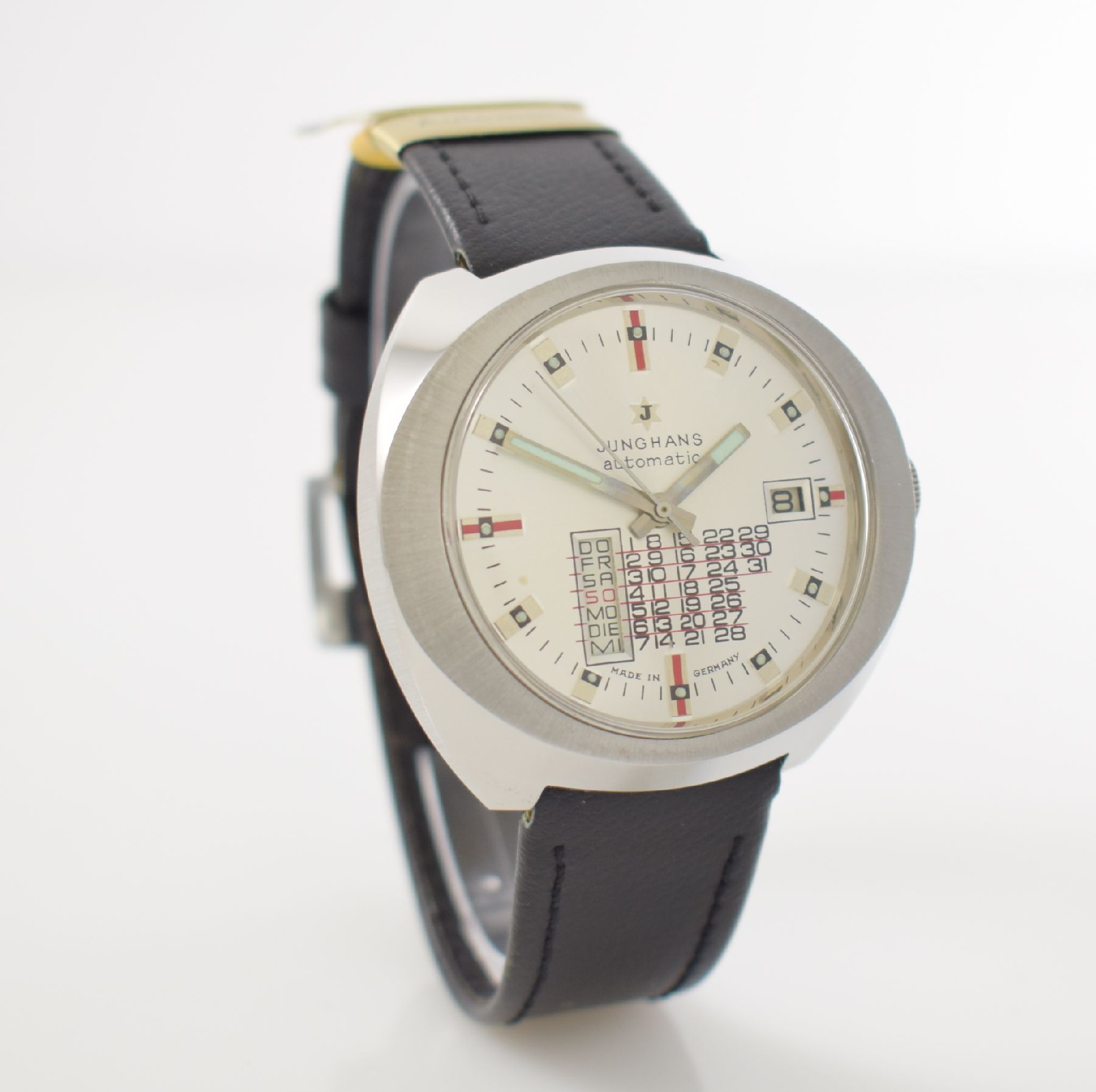 Detail d: JUNGHANS nahezu neuwertige Armbanduhr mit Tag & Datum, Automatik, Deutschland um 1970, verchromtes Metallgeh., Edelstahlboden aufgedr., Anz. v. Std., ...