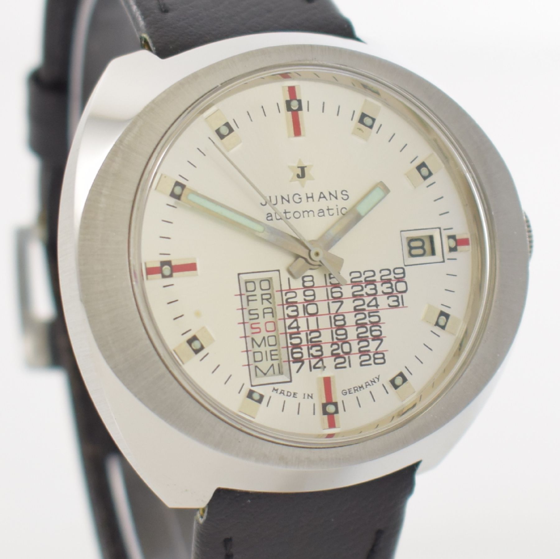 Detail e: JUNGHANS nahezu neuwertige Armbanduhr mit Tag & Datum, Automatik, Deutschland um 1970, verchromtes Metallgeh., Edelstahlboden aufgedr., Anz. v. Std., ...