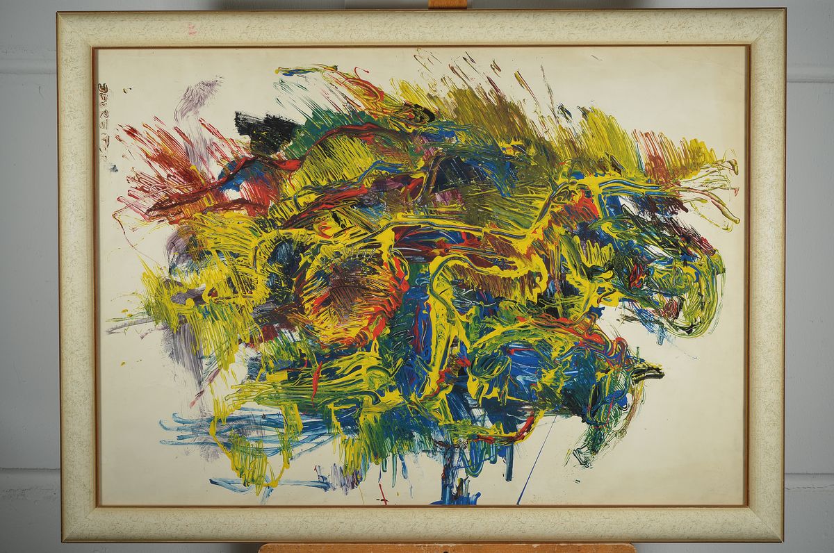 Detail k: Rudi Baerwind, 1910 Mannheim- 1982, Reiter auf aufbäumendem Pferd, Öl/Papier, bezeichnet " Der Reiter", unsigniert jedoch mit Daumen bzw. ...
