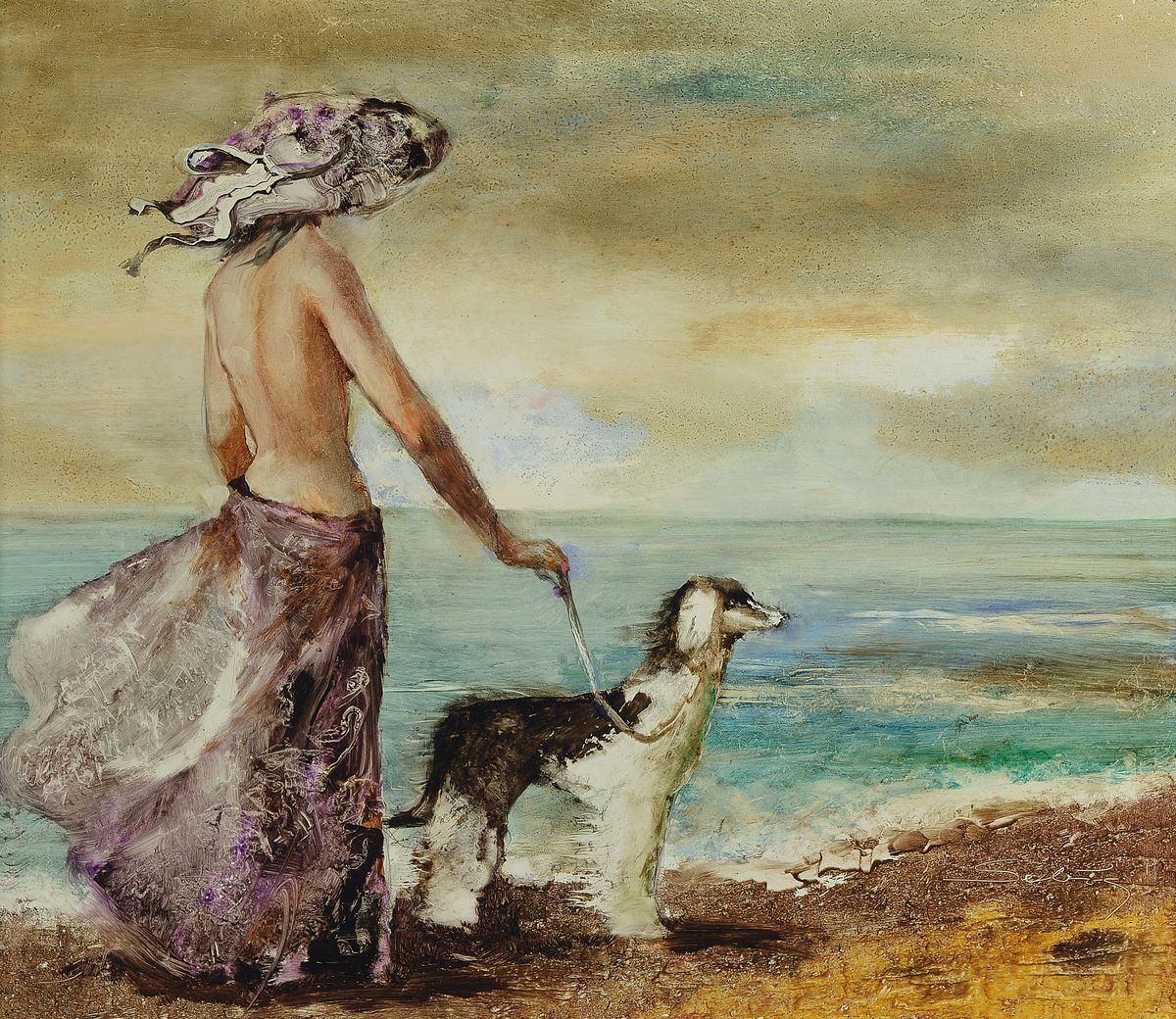 Lajos Sebök, 1910 Szeged (Ungarn) - 1996 Neuss, Frau mit Windhund am Strand, Öl/Platte, re u. signiert, ca. 50 x 60 cm, Rahmen: 53 x 63 cm