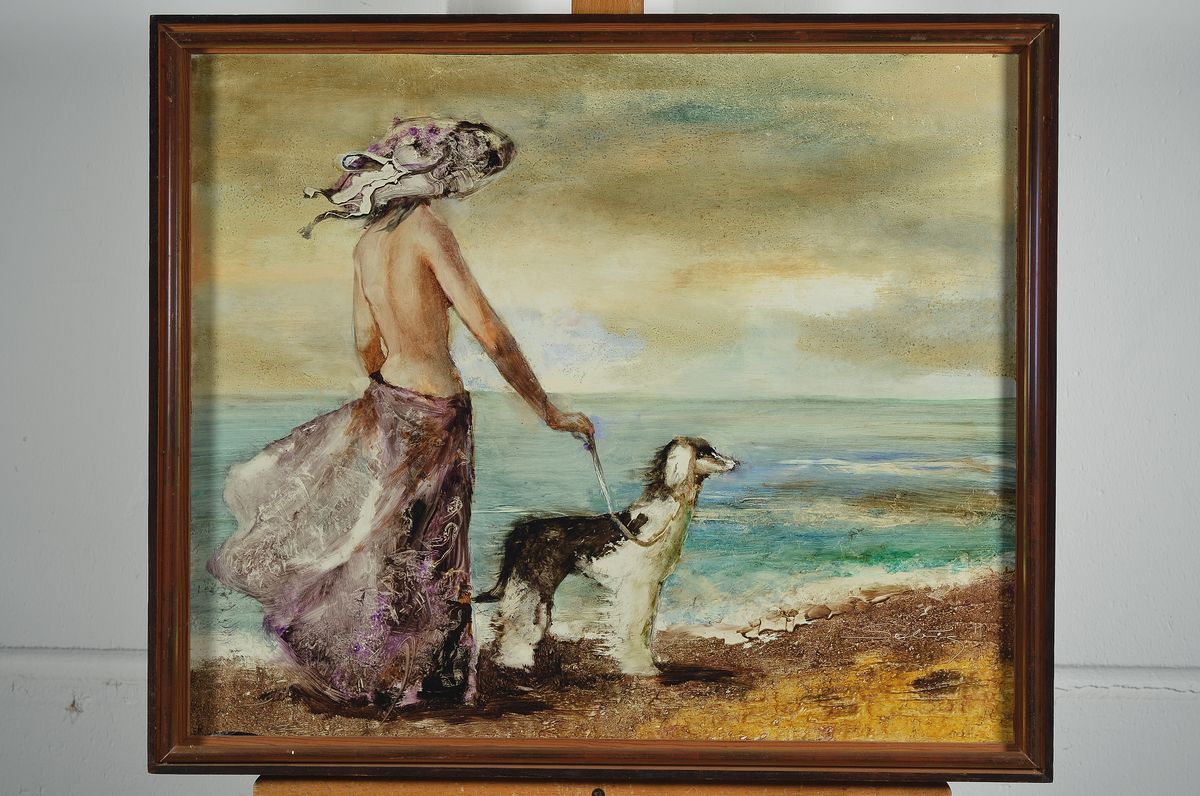 Detail k: Lajos Sebök, 1910 Szeged (Ungarn) - 1996 Neuss, Frau mit Windhund am Strand, Öl/Platte, re u. signiert, ca. 50 x 60 cm, Rahmen: 53 x 63 cm
