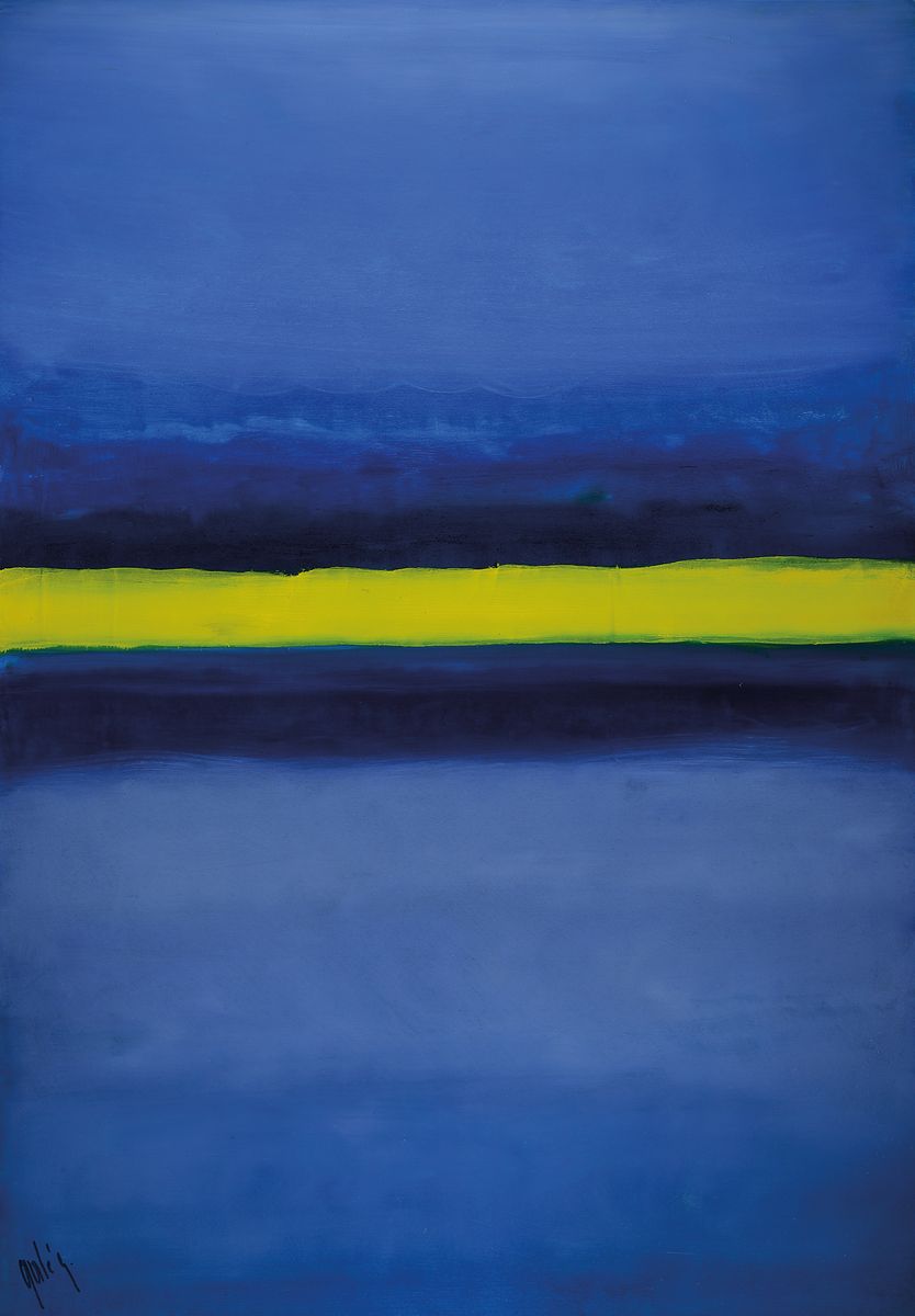 Gaston Gale , zeitgenössischer Künstler Belgischer , Abstrakte Komposition in Blautönen, Öl/Lwd, links unten sign., ca. 107x77 cm, Rahmen