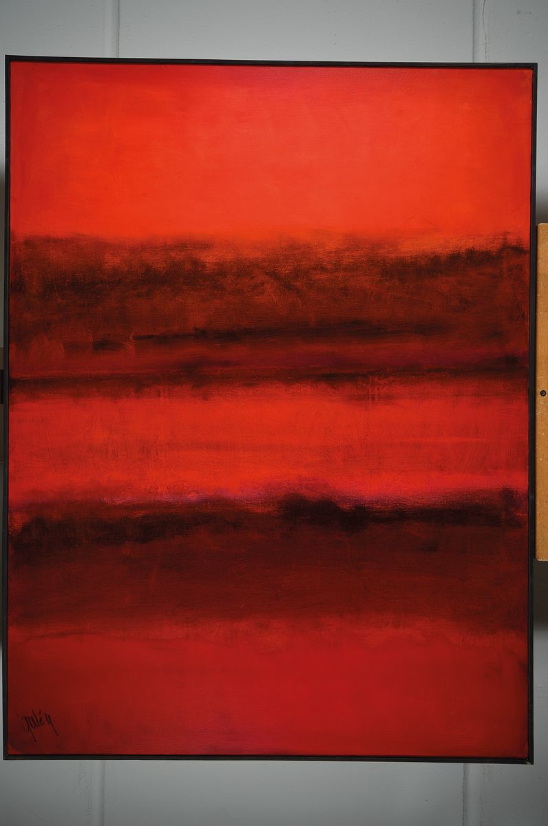 Detail k: Gaston Gale, zeitgenössischer Belgischer Künstler, abstrakte Komposition in Rot, Öl/Lwd, links unten sign., ca. 103x78 cm, Leisten