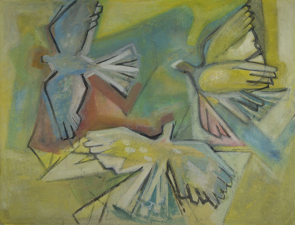 Willi Briant, 1922-2015, Vögel, Tempera auf Hartfaser, unsigniert, rückseitig Etikett der Winter-Ausstellung 1956 der Bildenden Künstler Rheinland ...